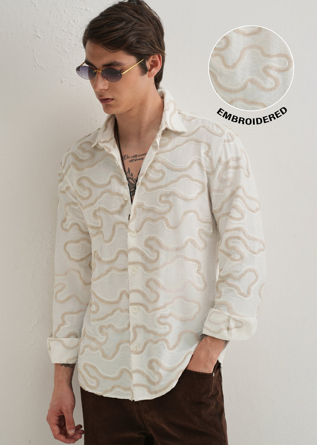 Beige Artistic Abstract Embroidery Shirt