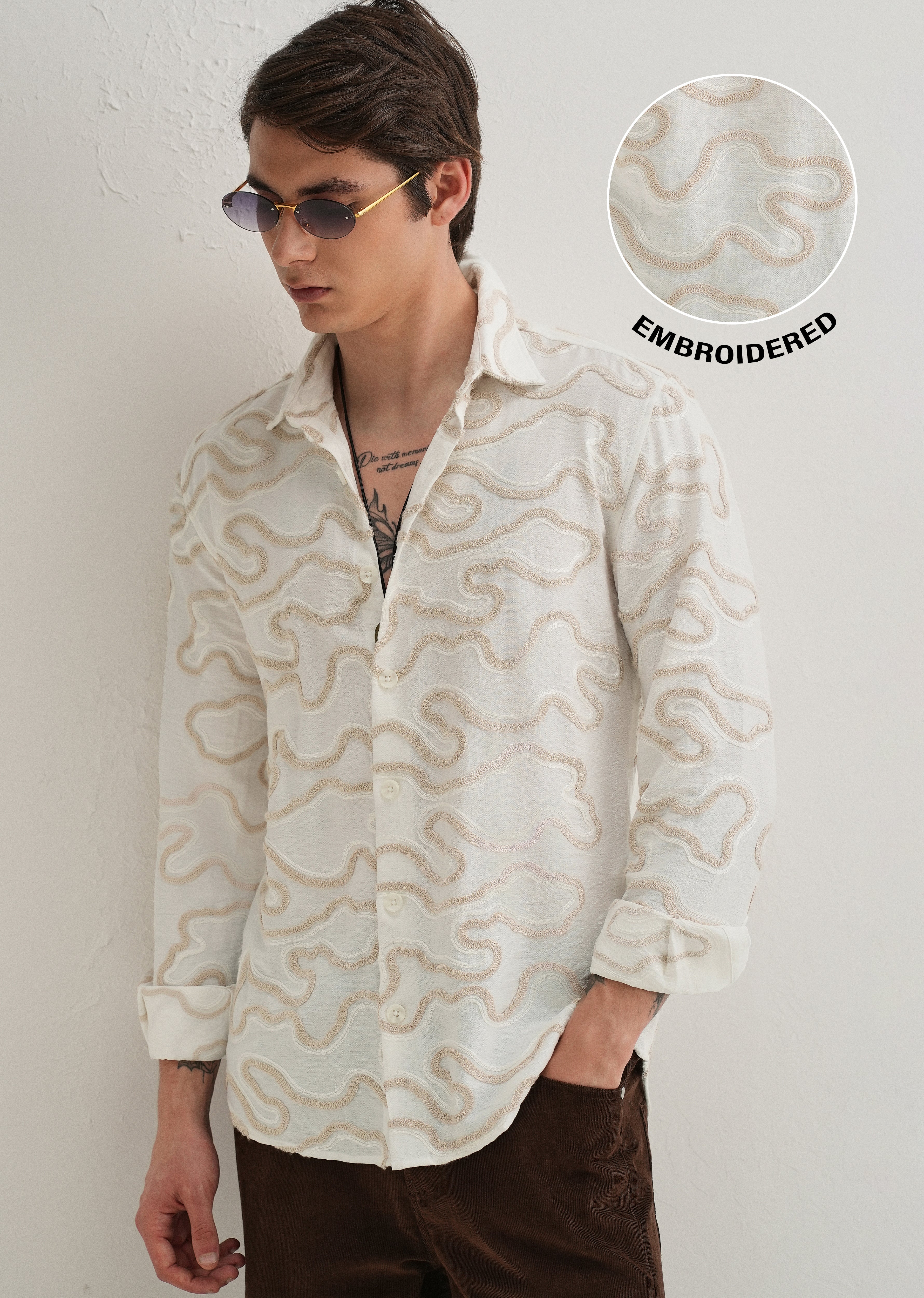 Beige Artistic Abstract Embroidery Shirt