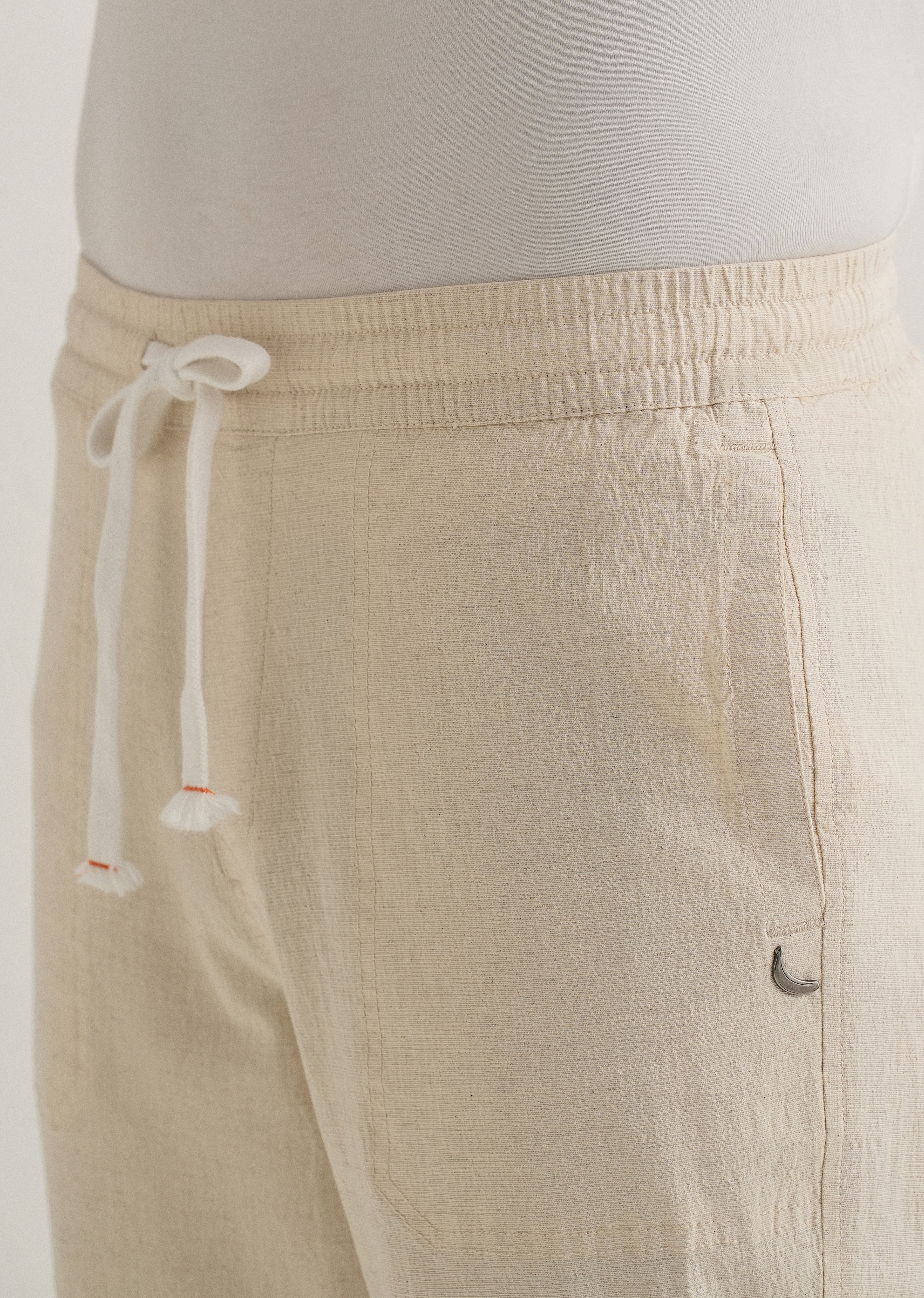 Beige Drawstring Cotton Linen Pant