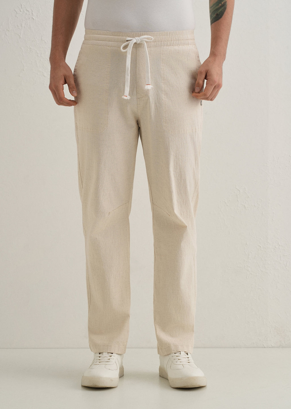 Beige Drawstring Cotton Linen Pant