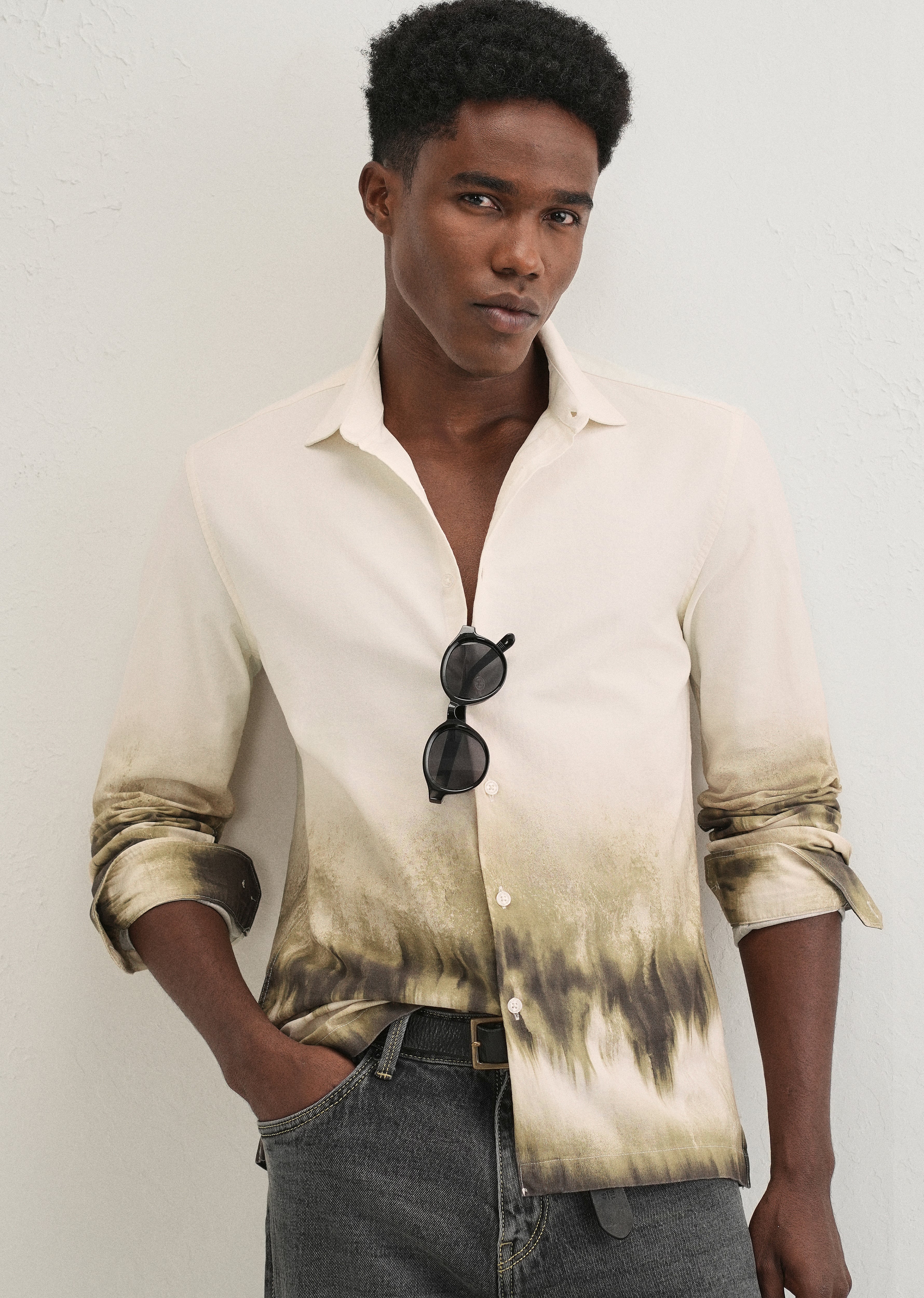 Beige Green Gradient Printed Shirt