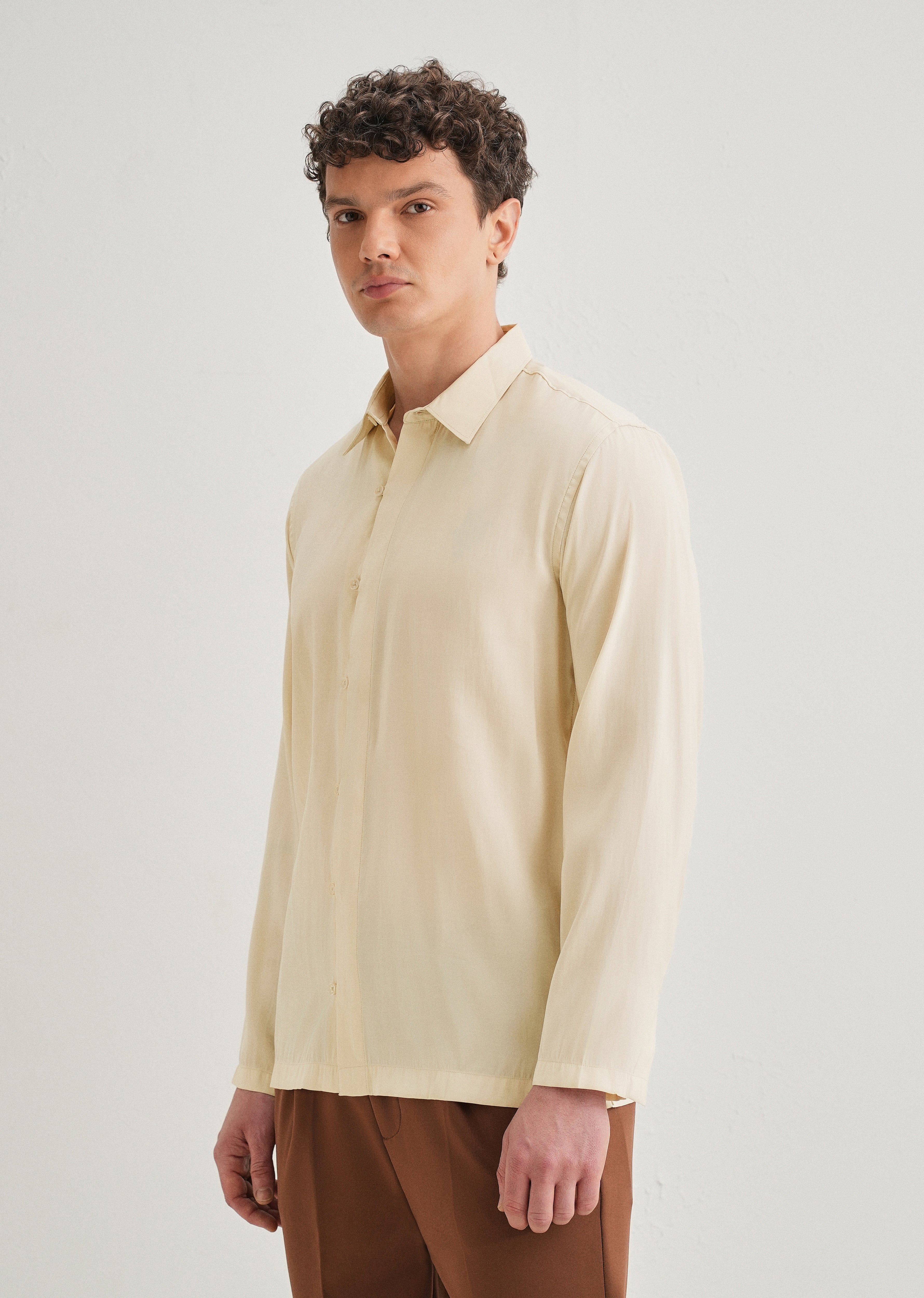 Beige Loop Button-Down Plain Shirt