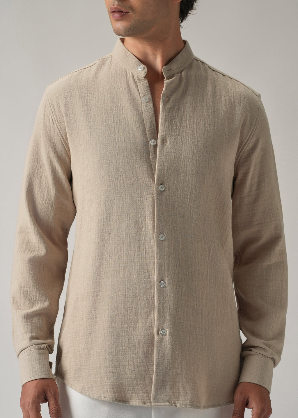 Beige Plain Mandarin Collar Cotton Shirt