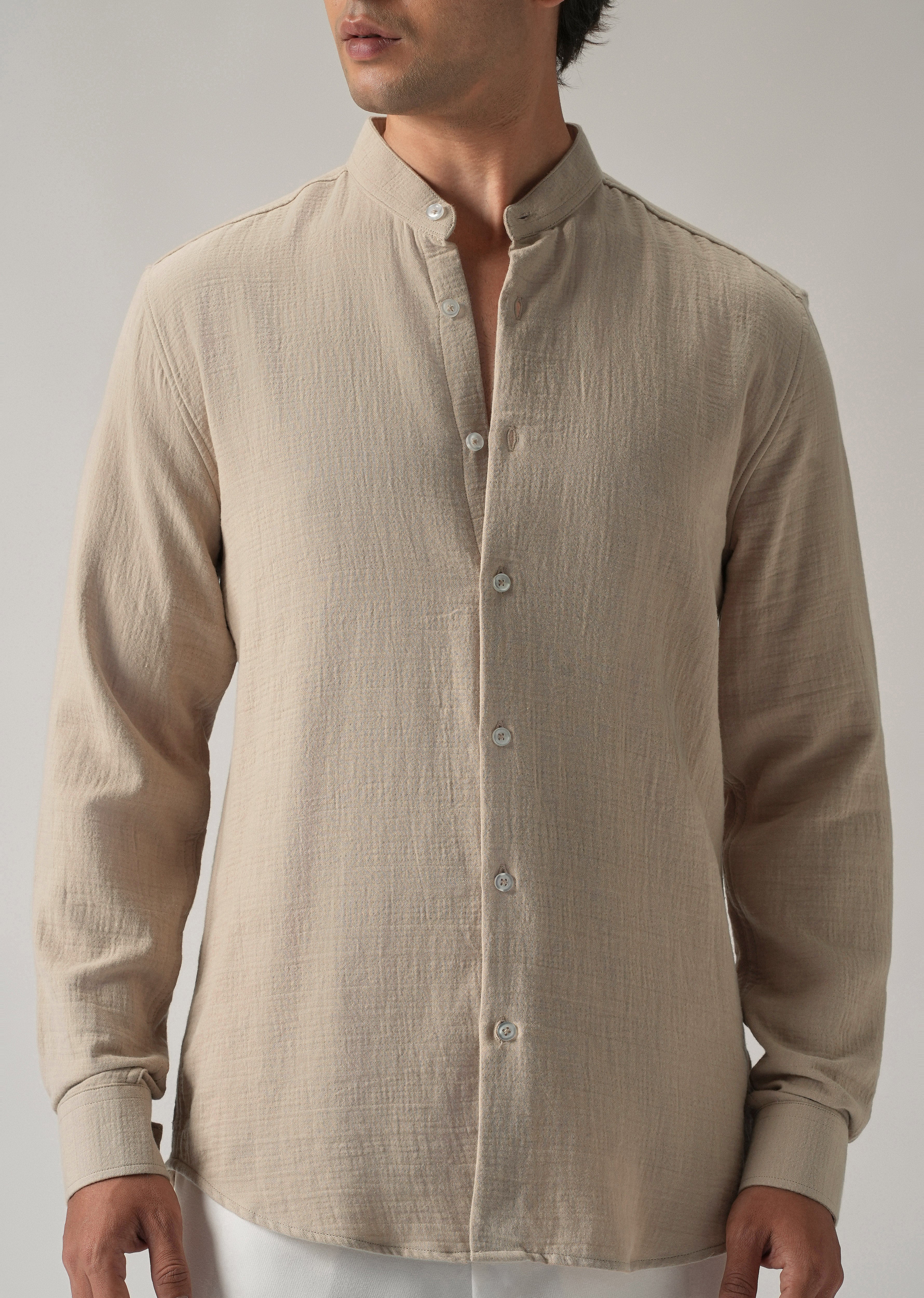 Beige Plain Mandarin Collar Cotton Shirt