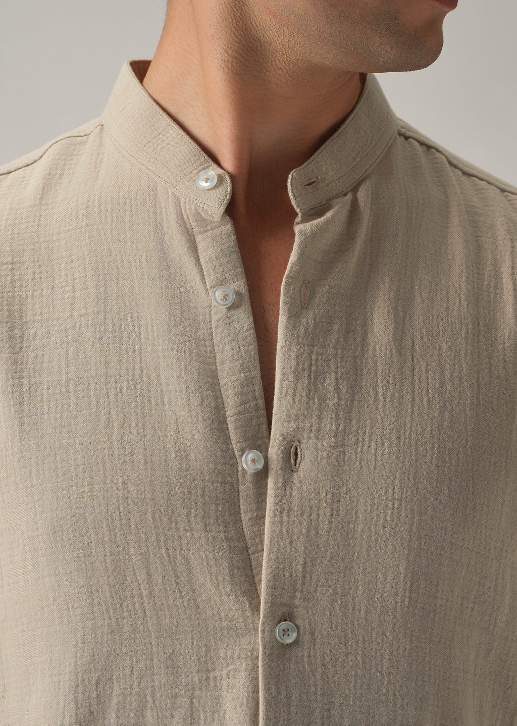 Beige Plain Mandarin Collar Cotton Shirt