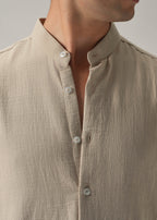 Beige Plain Mandarin Collar Cotton Shirt