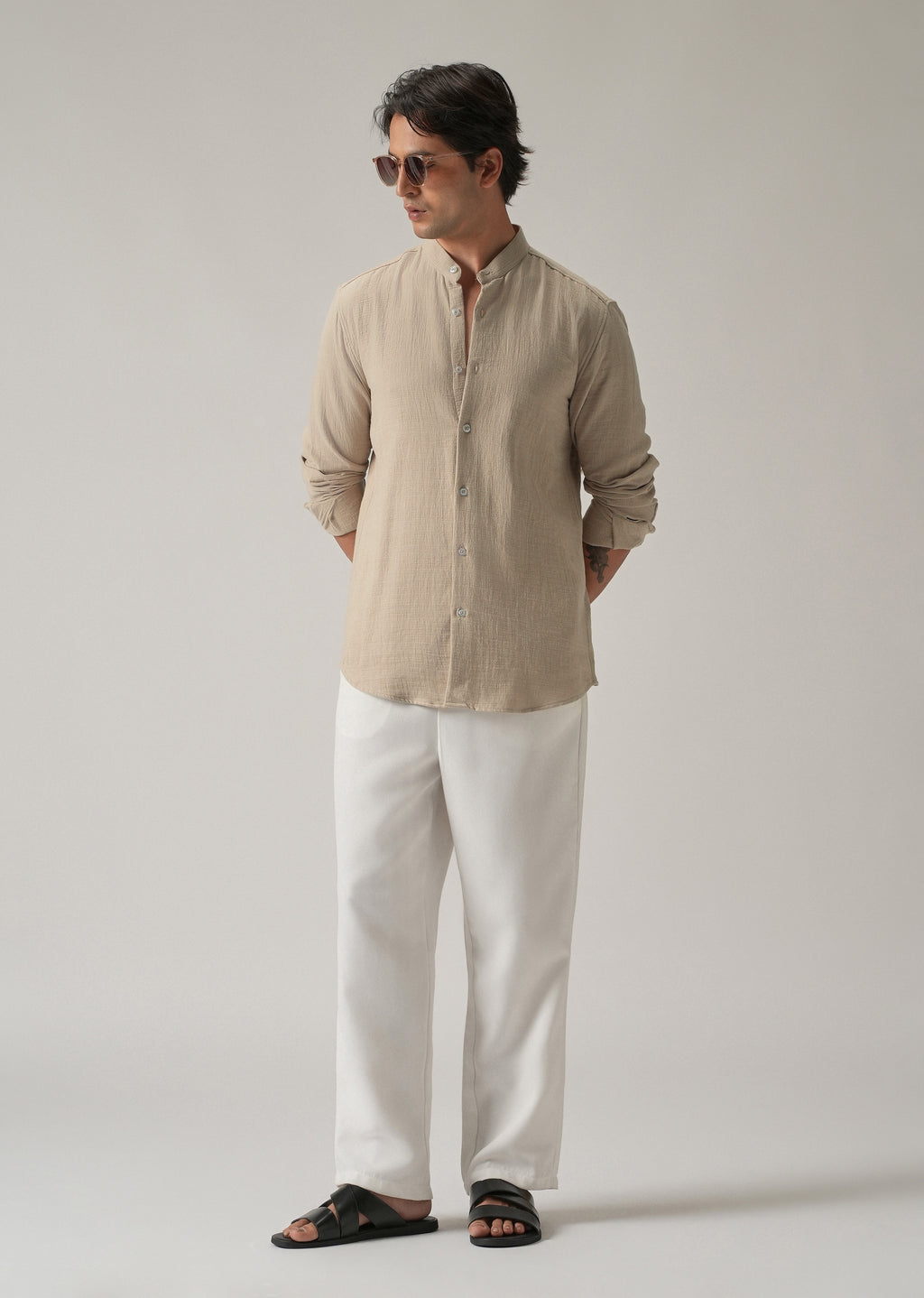 Beige Plain Mandarin Collar Cotton Shirt