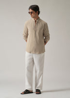 Beige Plain Mandarin Collar Cotton Shirt
