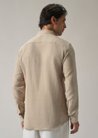 Beige Plain Mandarin Collar Cotton Shirt