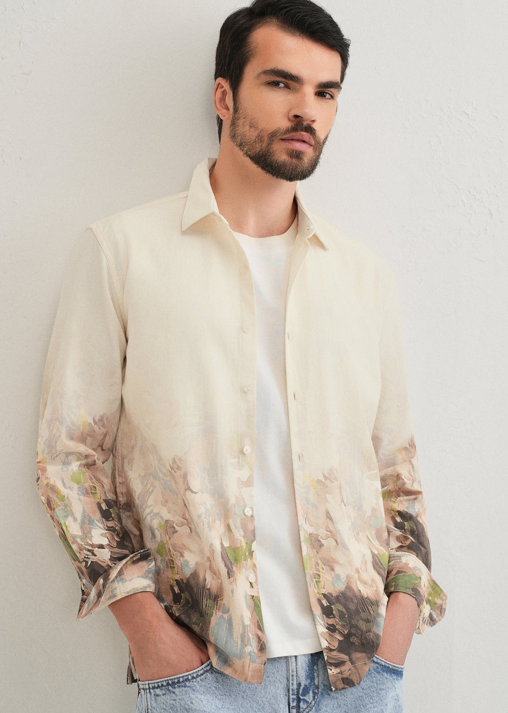 Beige Blue Abstract Printed Shirt