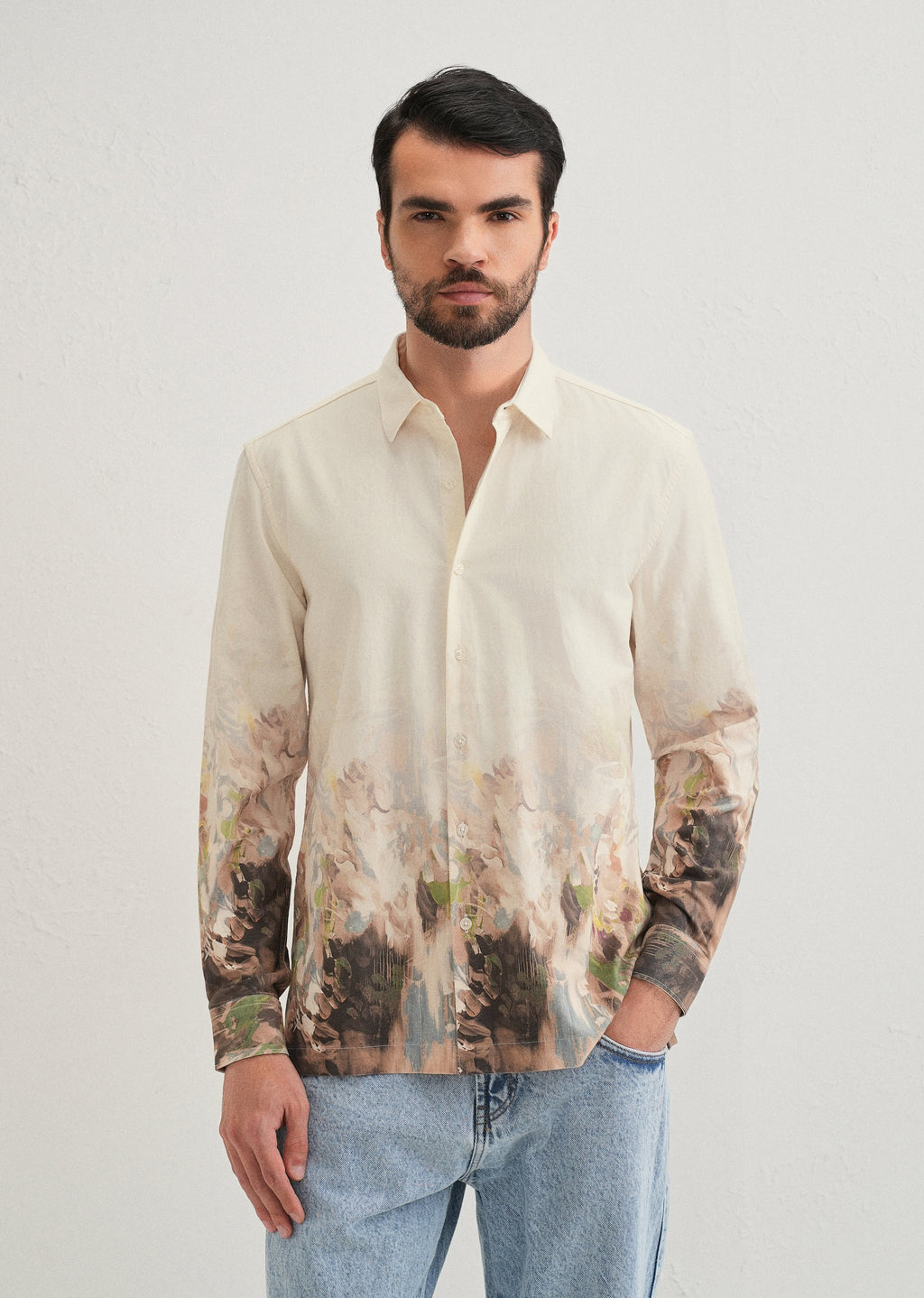 Beige Blue Abstract Printed Shirt