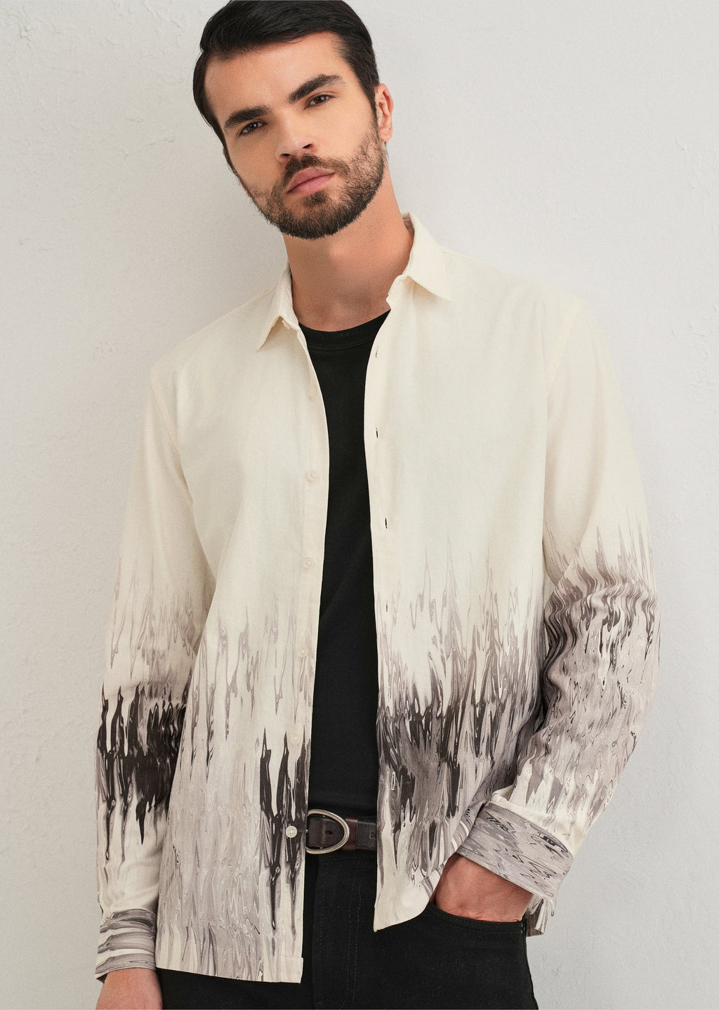 Beige Grey Ripple Printed Shirt