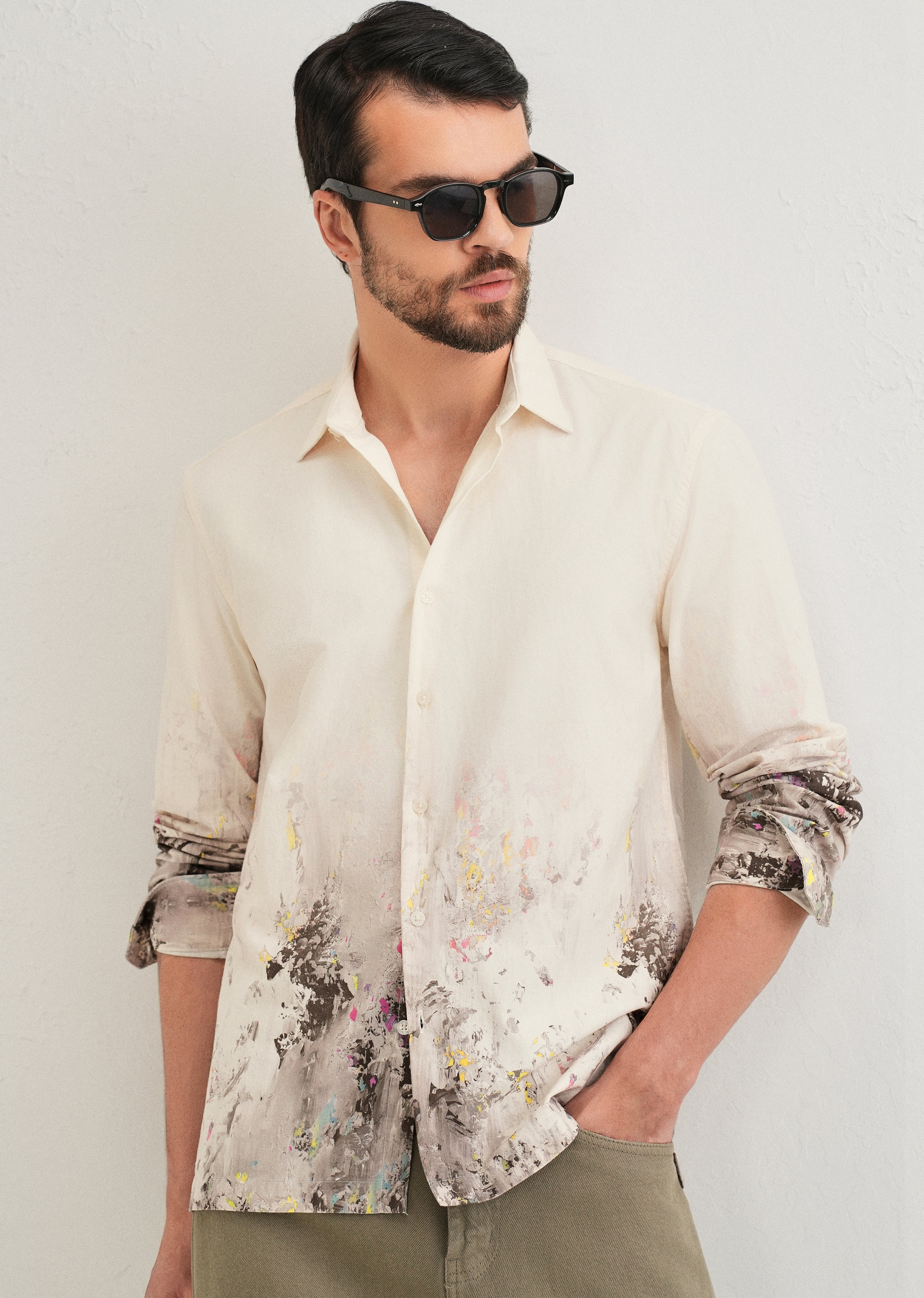 Beige Grey Splatter Printed Shirt