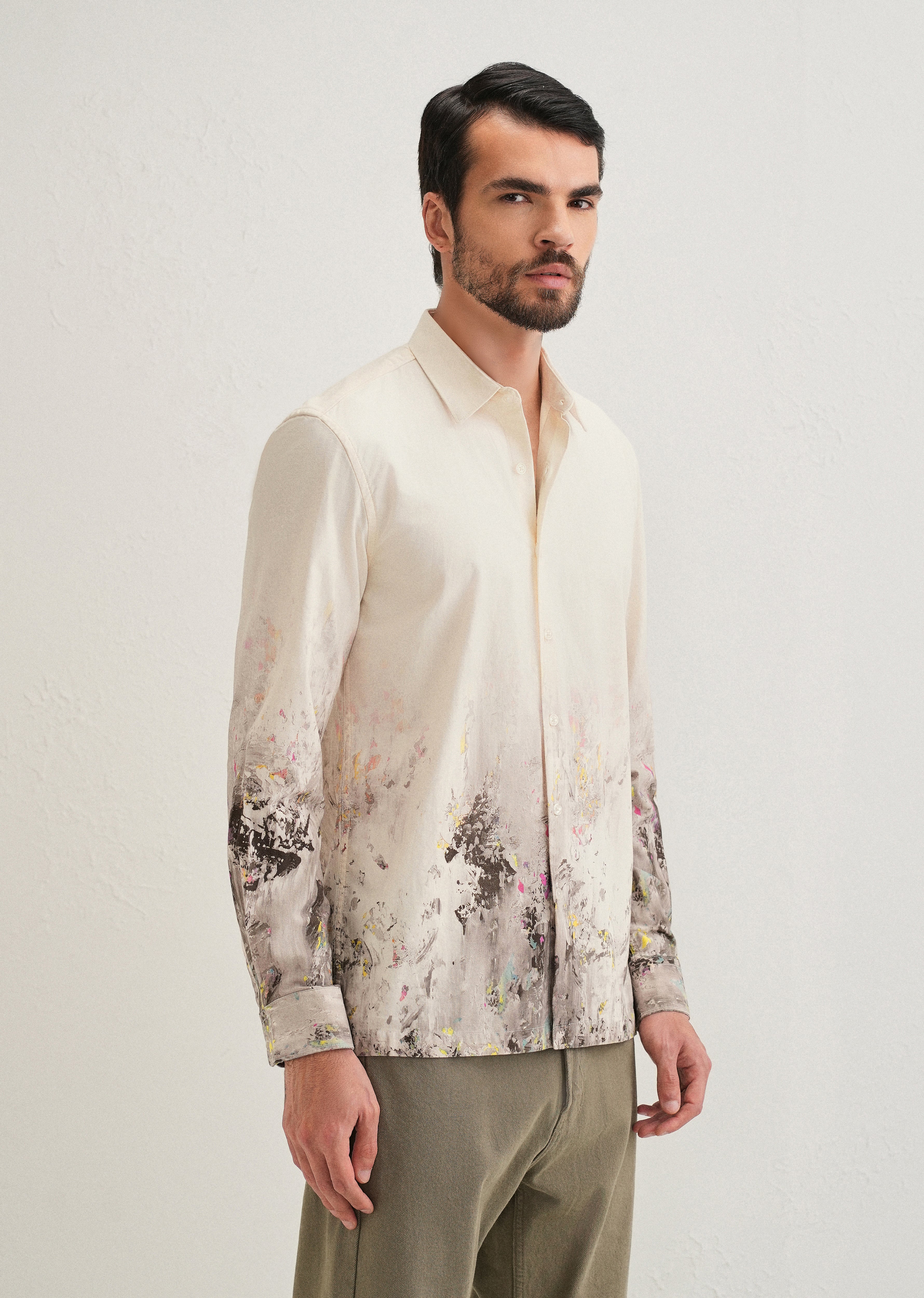 Beige Grey Splatter Printed Shirt