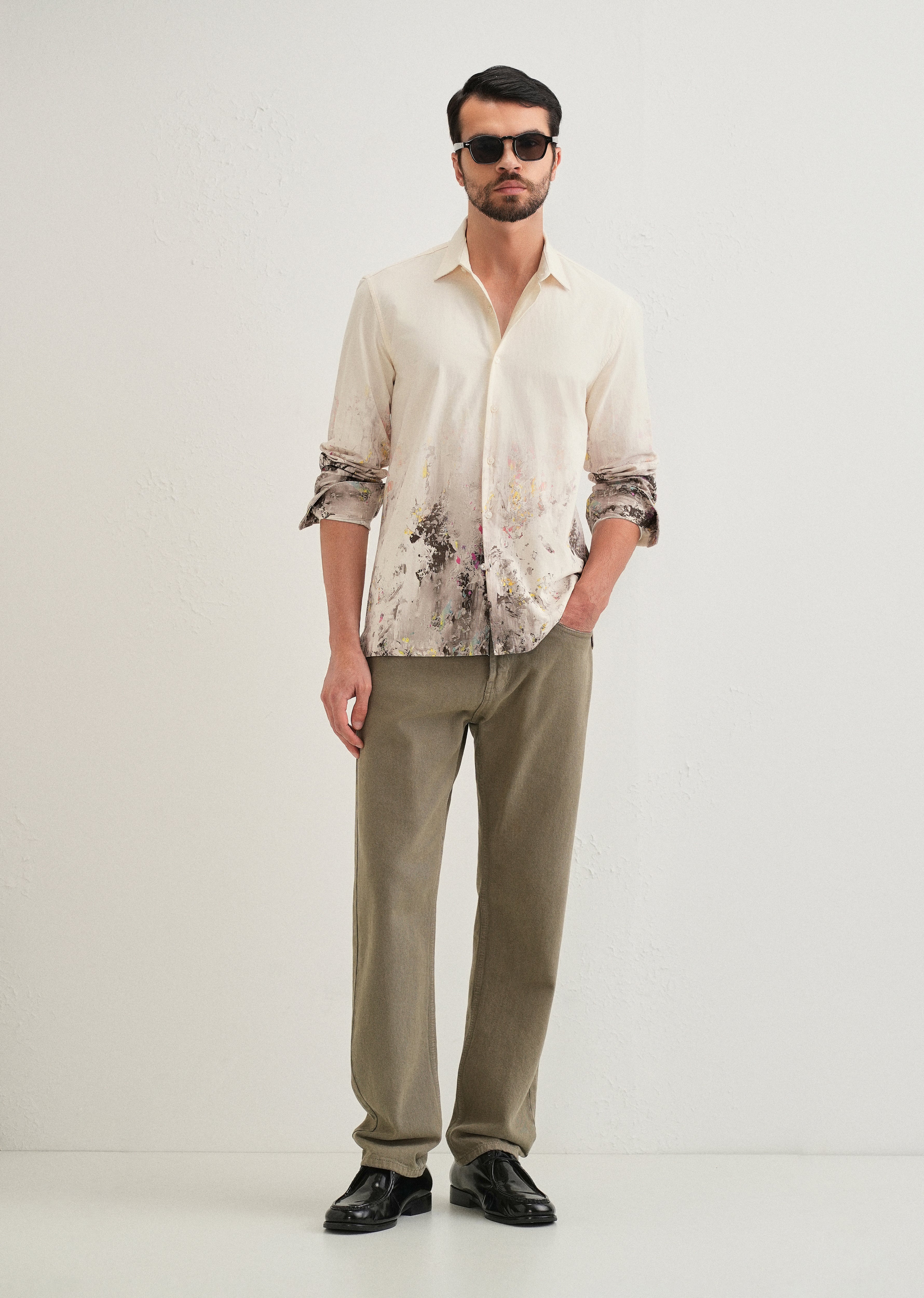 Beige Grey Splatter Printed Shirt