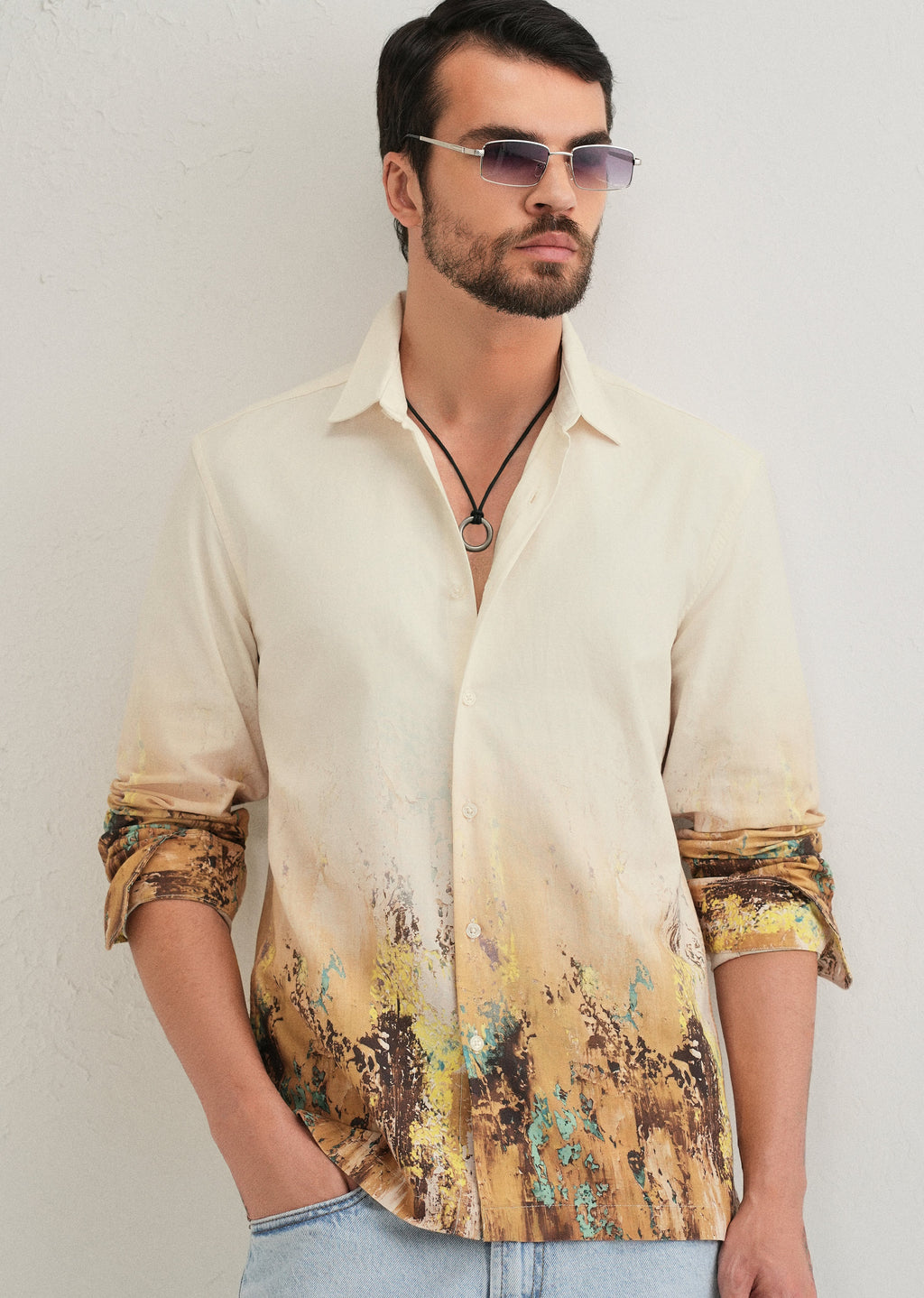 Beige Mustard Paint Printed Shirt
