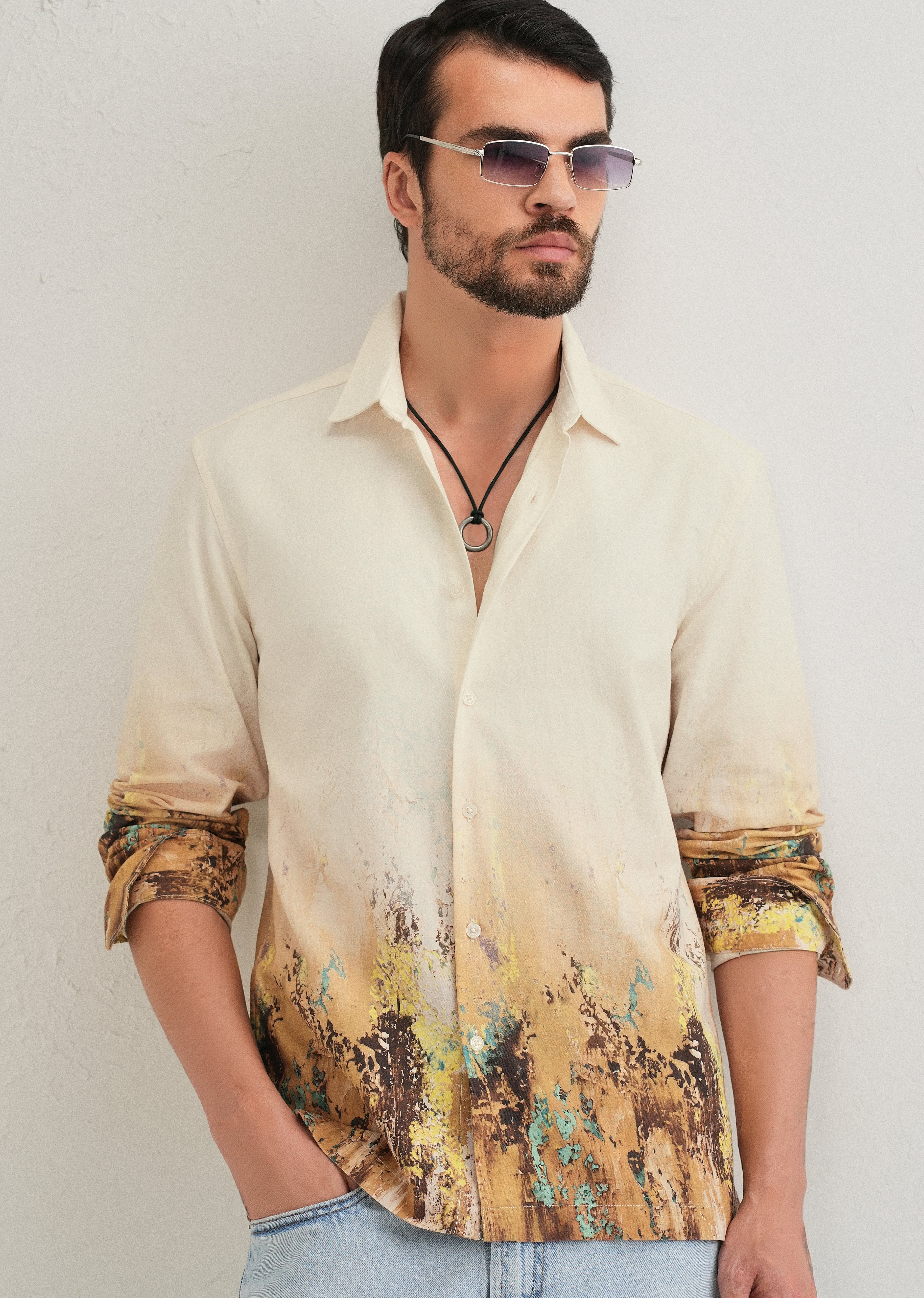 Beige Mustard Paint Printed Shirt