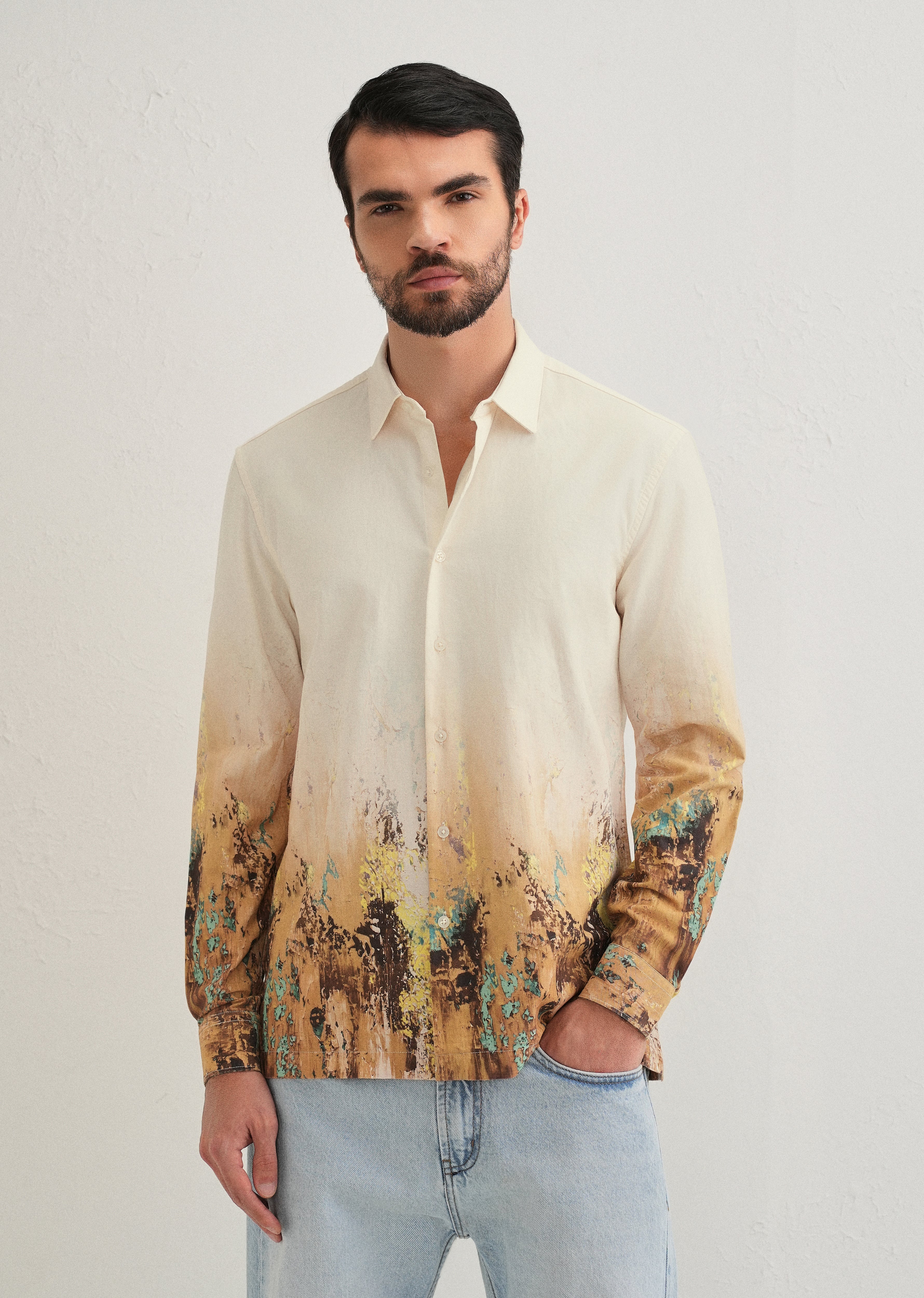 Beige Mustard Paint Printed Shirt
