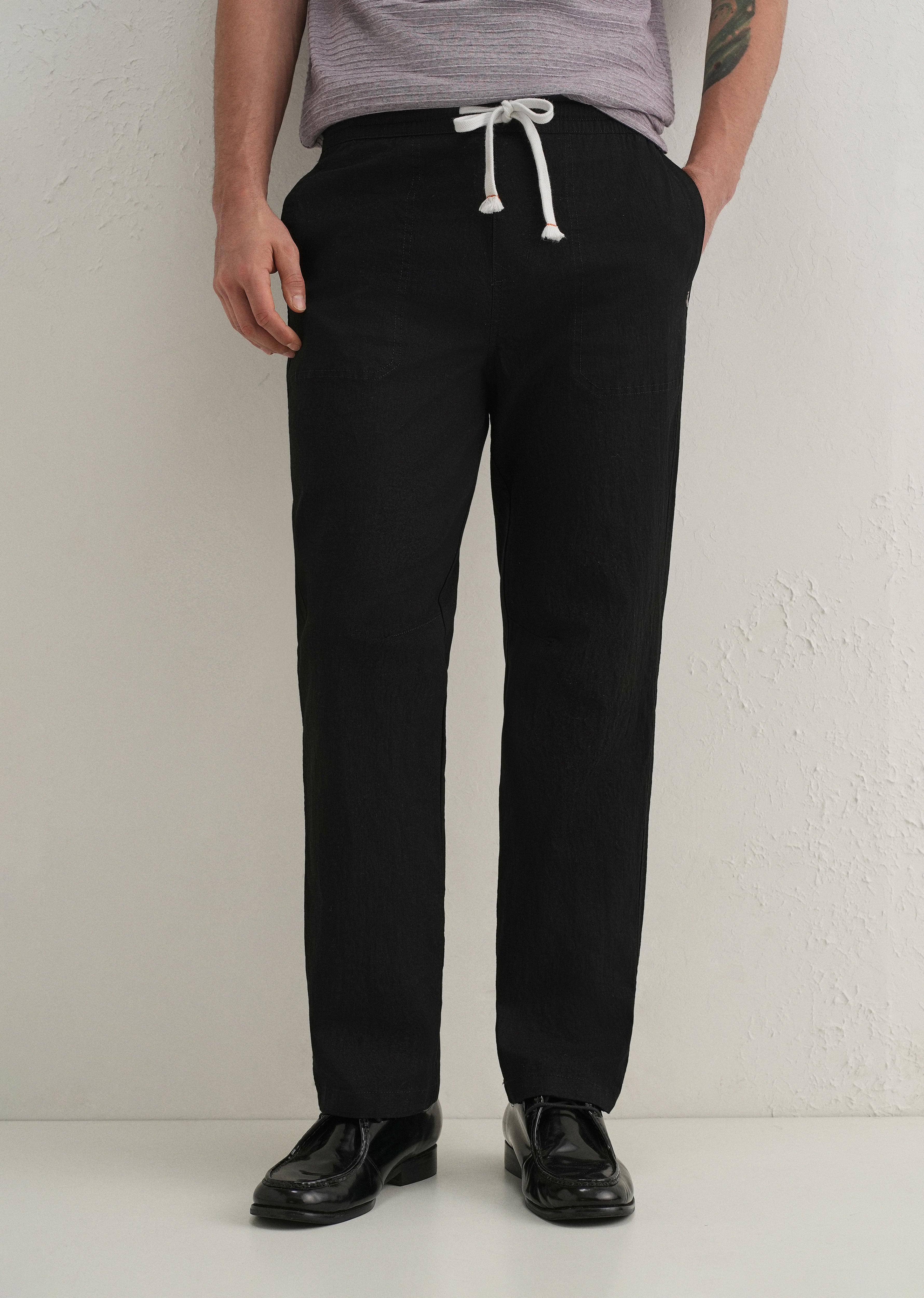 Black Drawstring Cotton Linen Pant