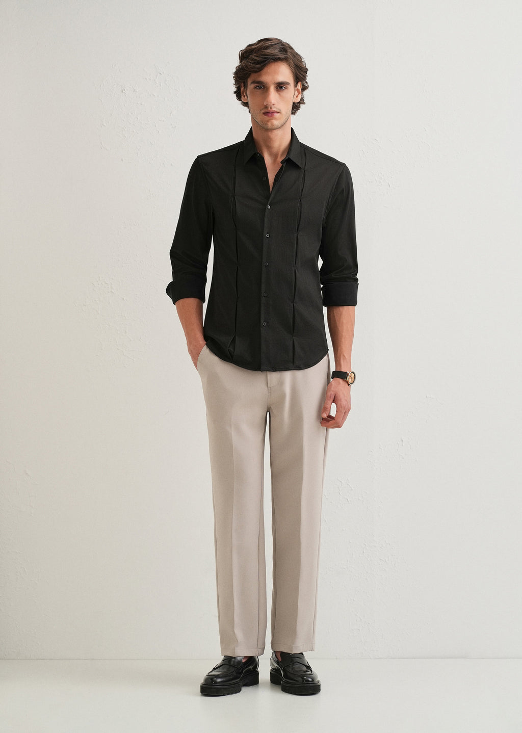 Black Front Panel Open Pleat Shirt