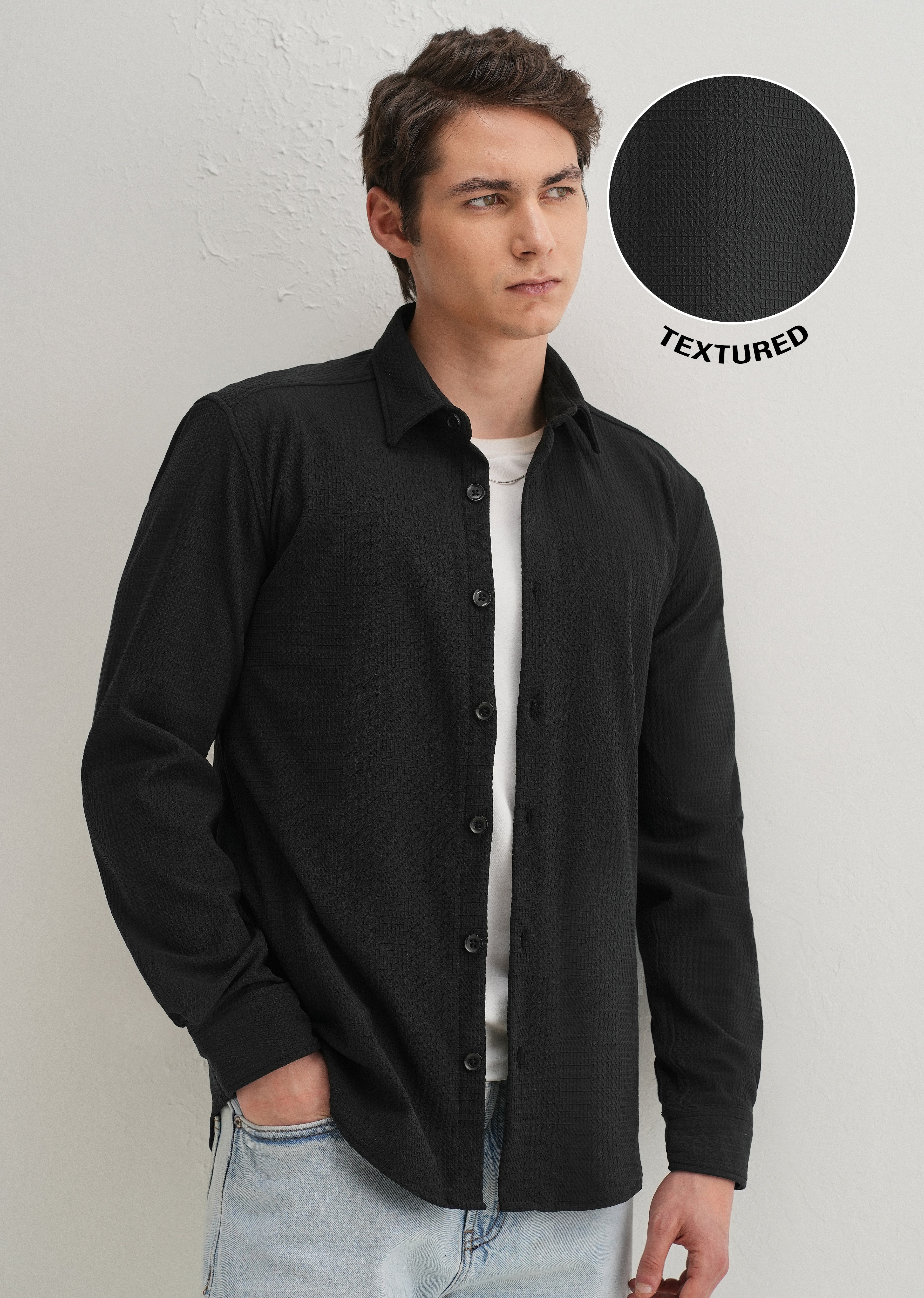 Black Grid Textured Knit Shirt
