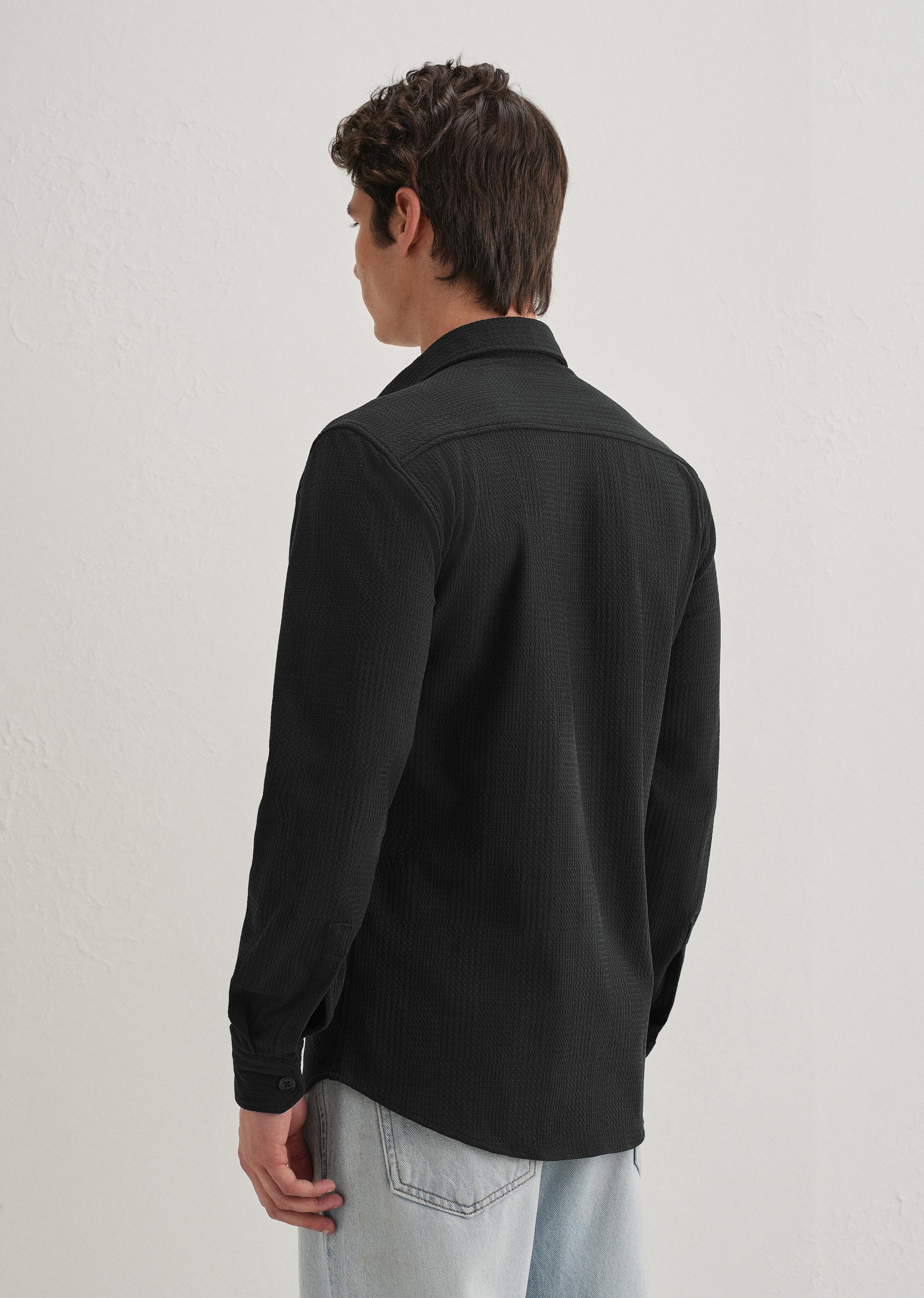 Black Grid Textured Knit Shirt