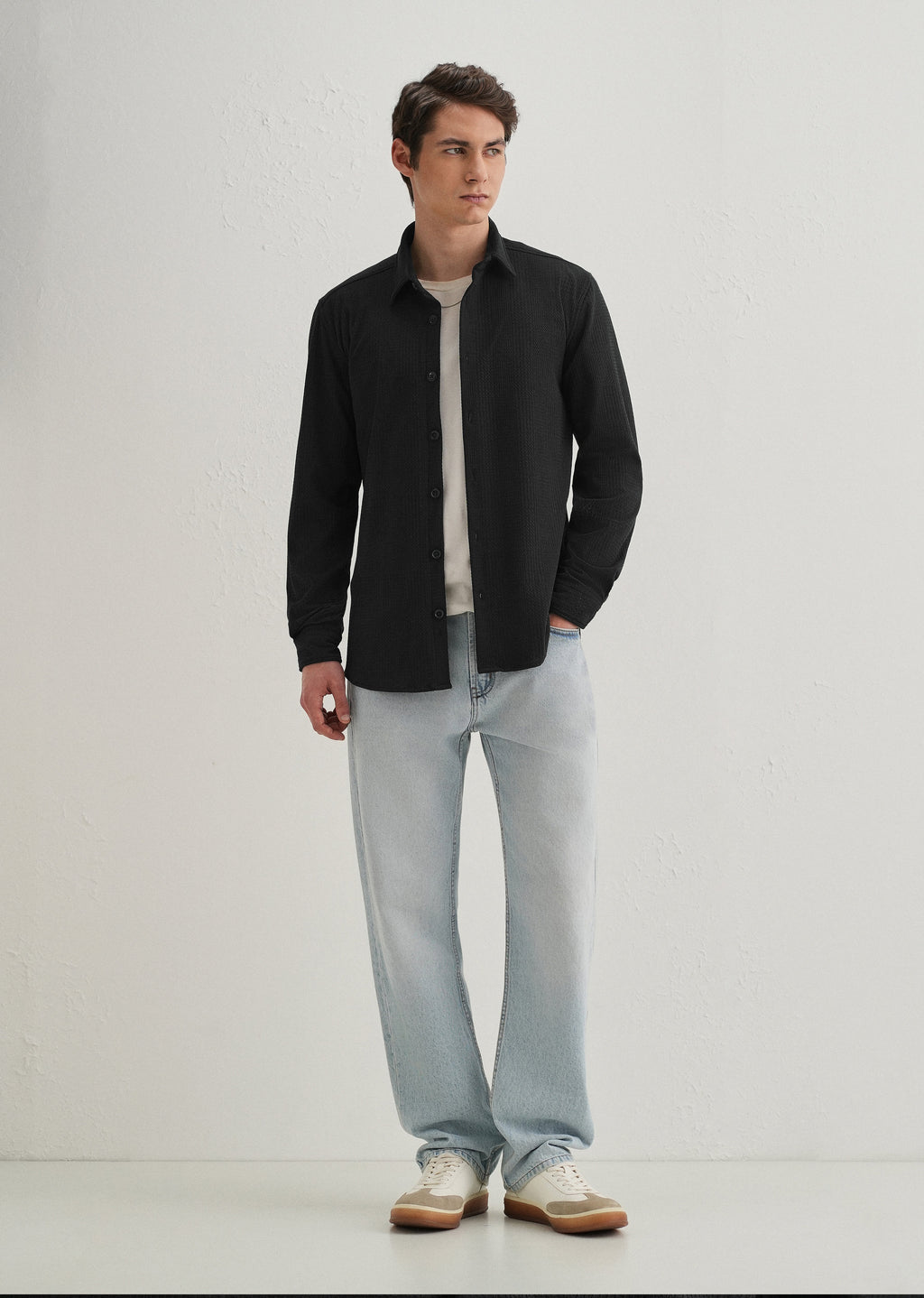 Black Grid Textured Knit Shirt