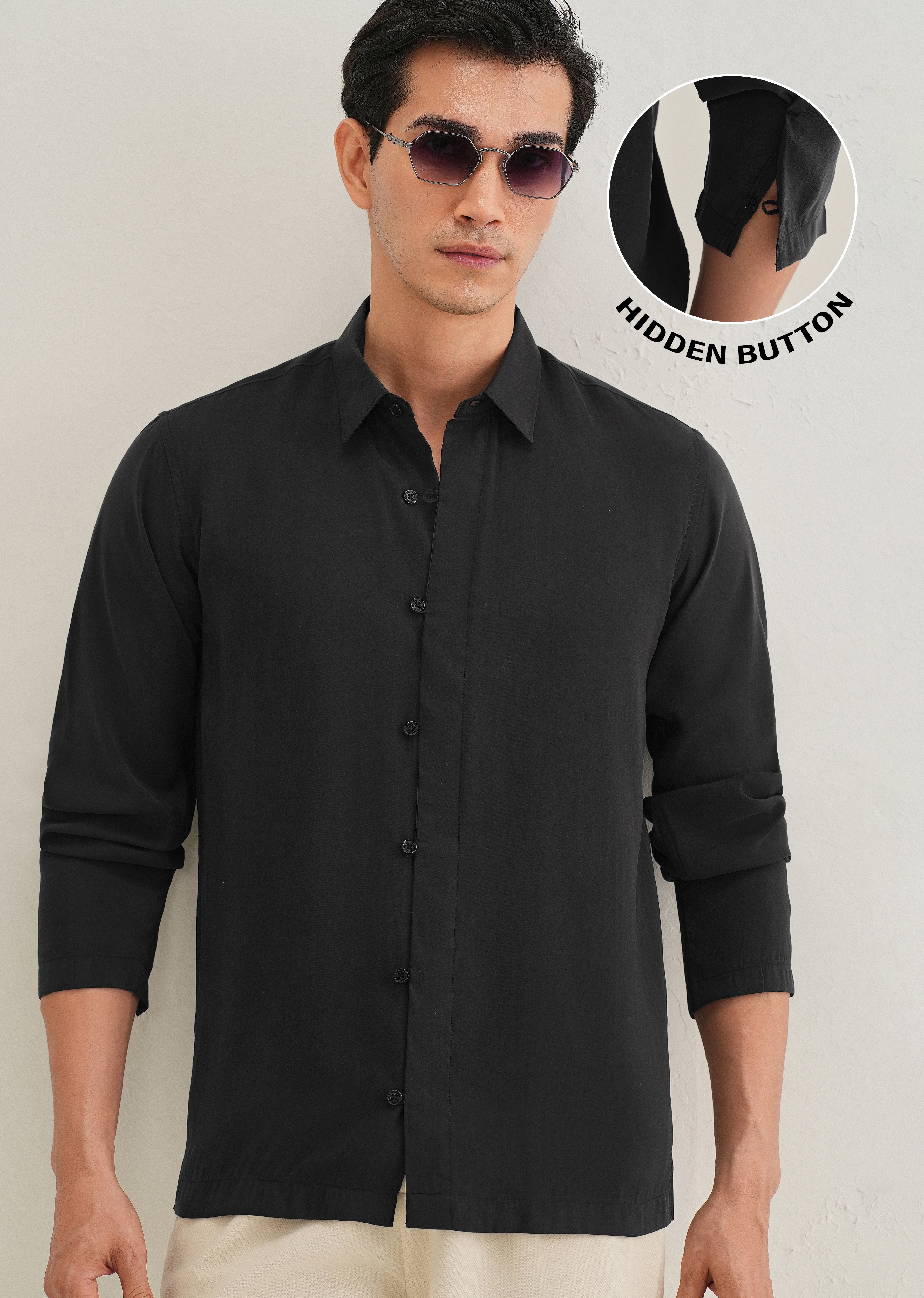 Black Loop Button-Down Plain Shirt