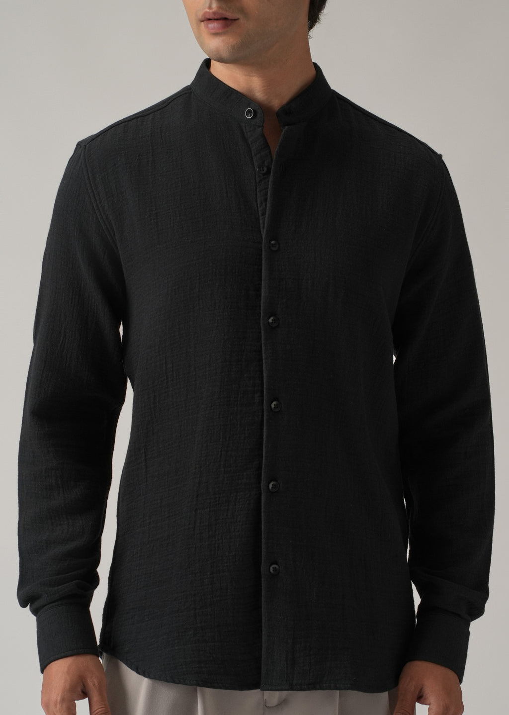 Black Plain Mandarin Collar Cotton Shirt