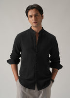 Black Plain Mandarin Collar Cotton Shirt
