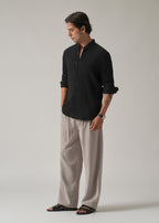 Black Plain Mandarin Collar Cotton Shirt