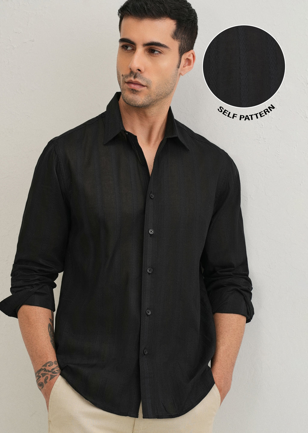 Black Self Pattern Blended Cotton Shirt