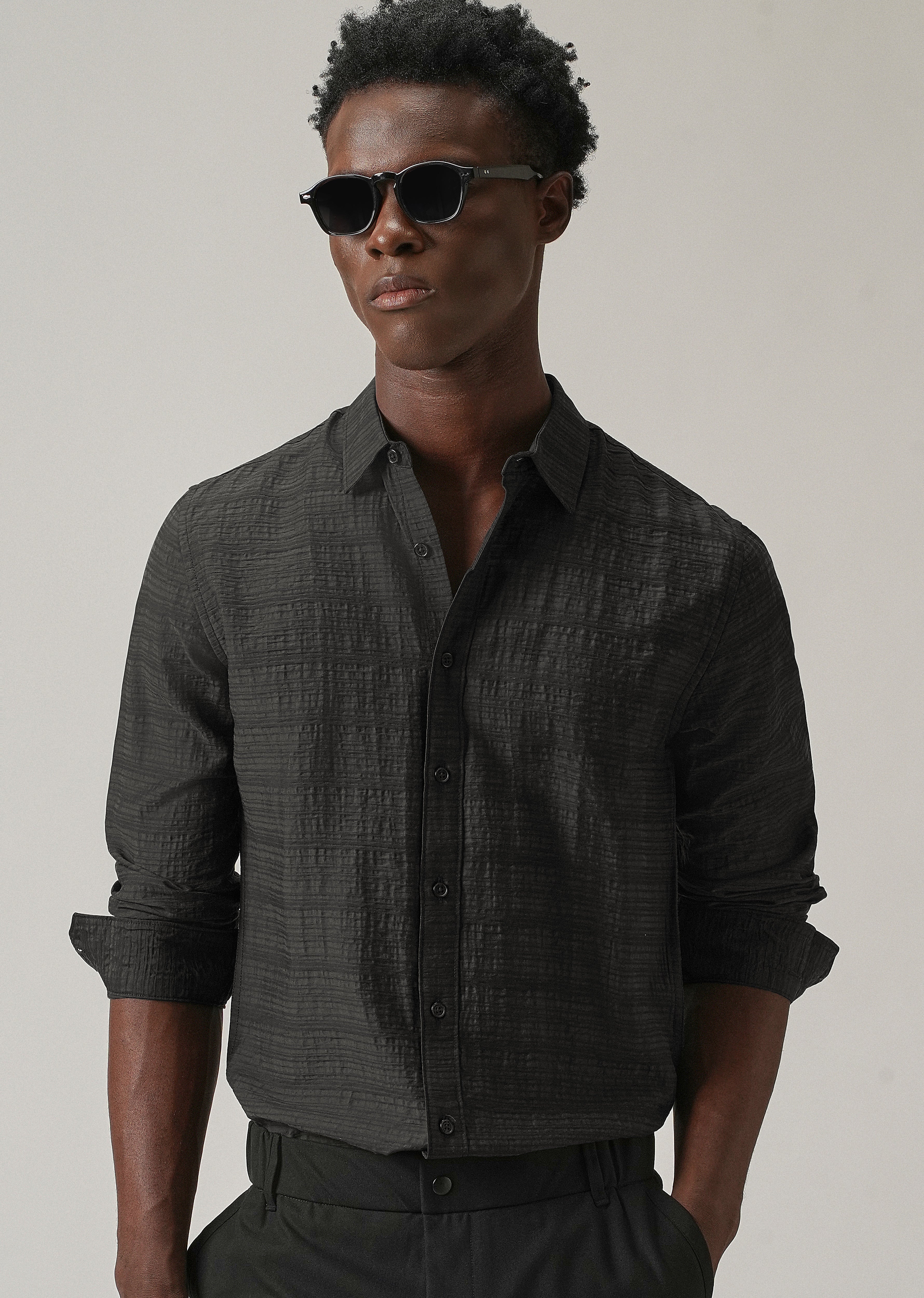 Black Crushed Self Stripe Shirt