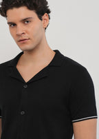 Black Plain Knit Cuban Collar Shirt