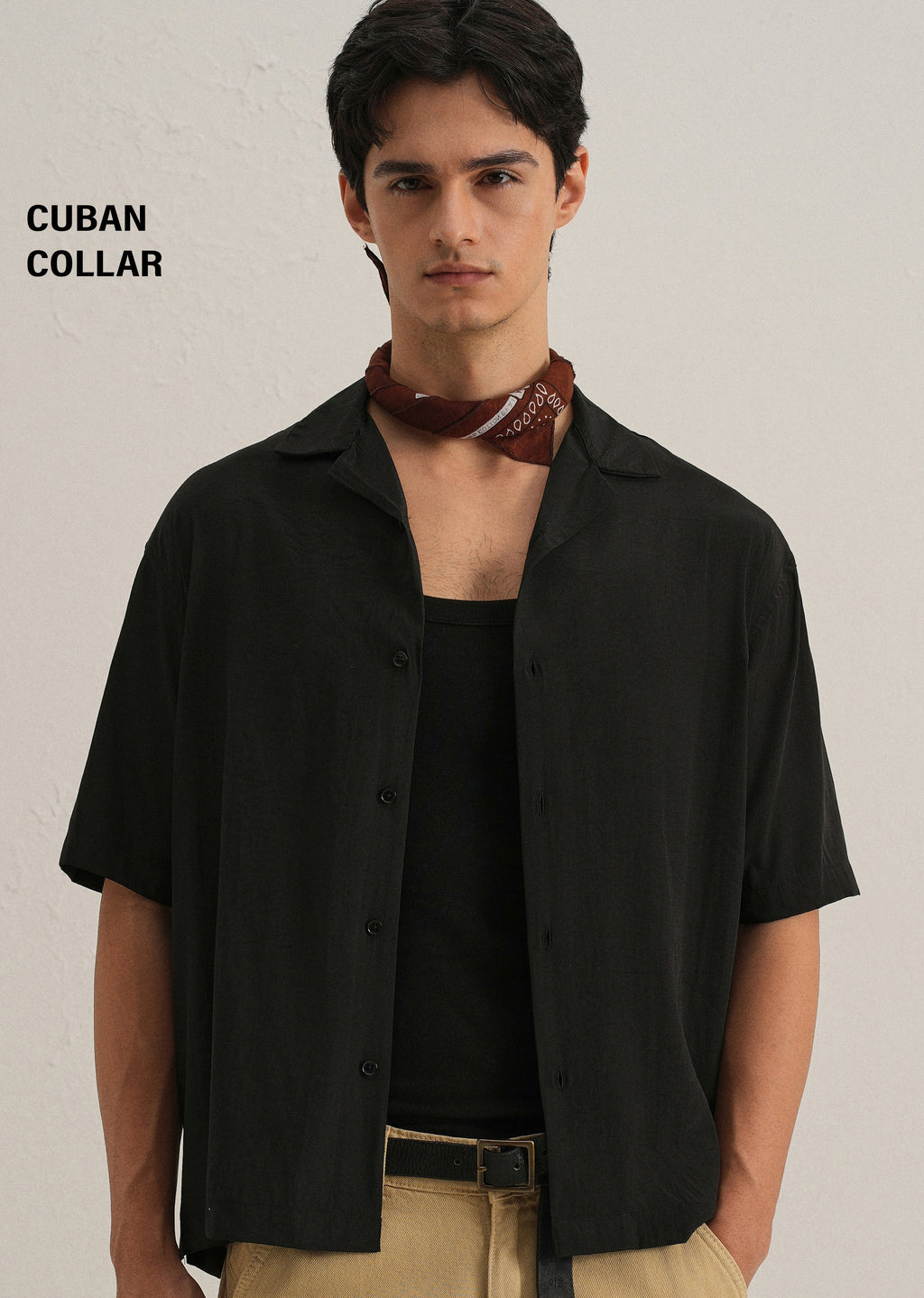 Black Plain Sheen Cuban Collar Shirt
