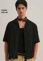 Black Plain Sheen Cuban Collar Shirt