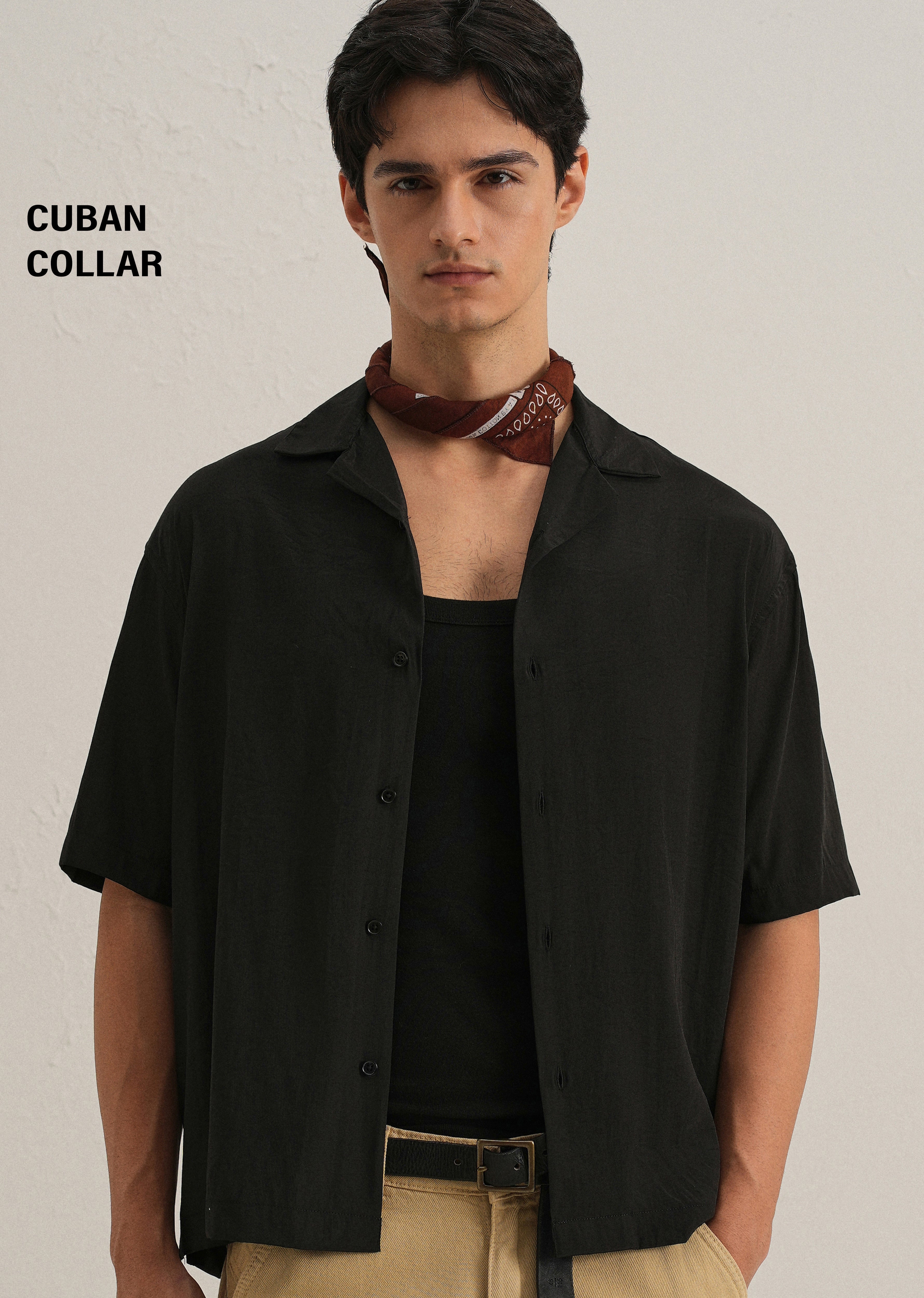 Black Plain Sheen Cuban Collar Shirt
