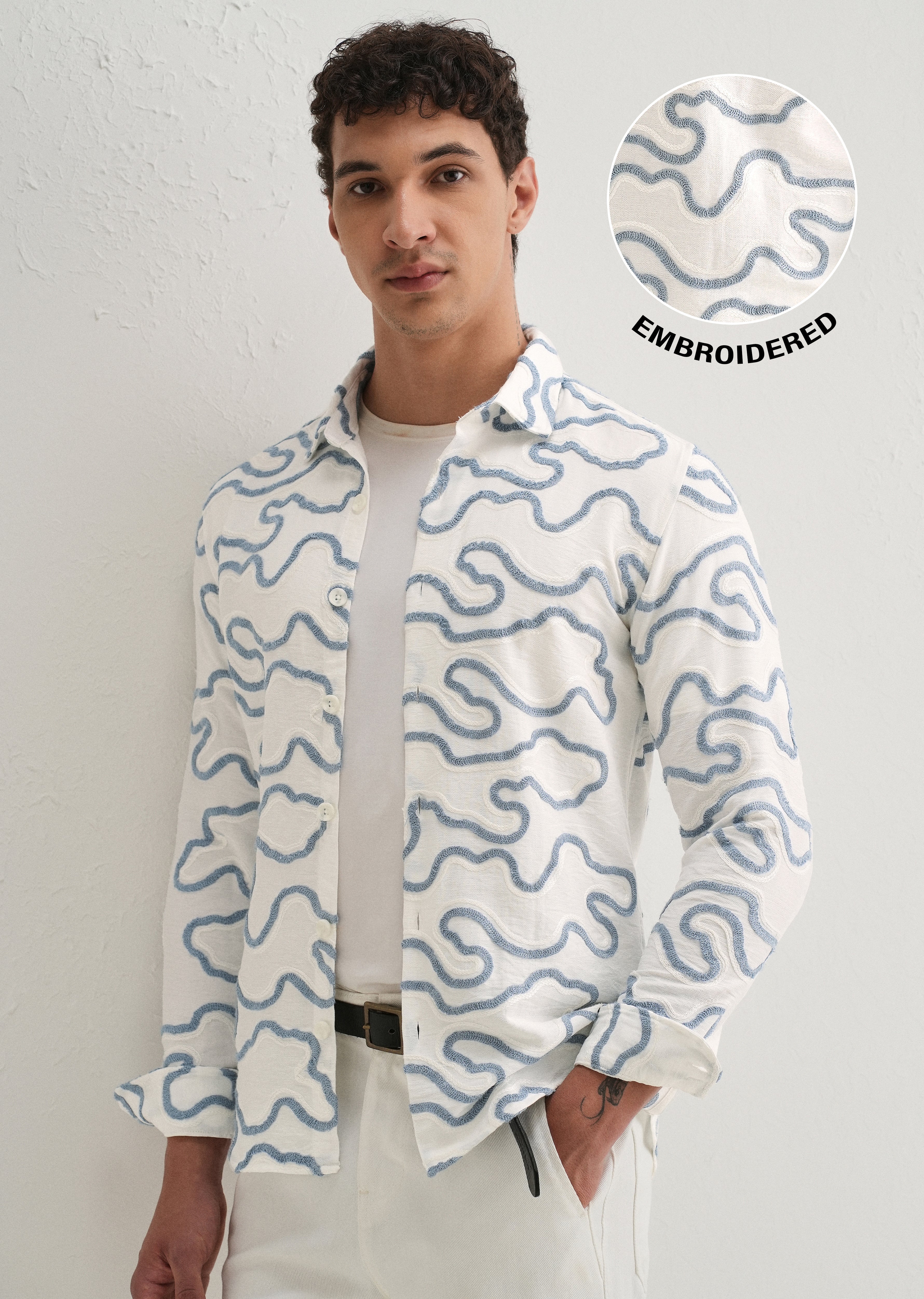 Blue Artistic Abstract Embroidery Shirt
