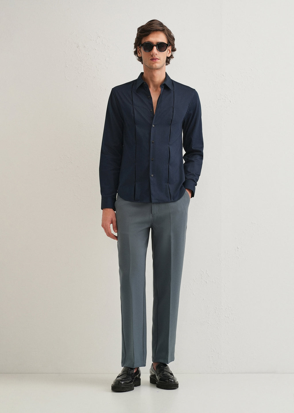 Blue Front Panel Open Pleat Shirt
