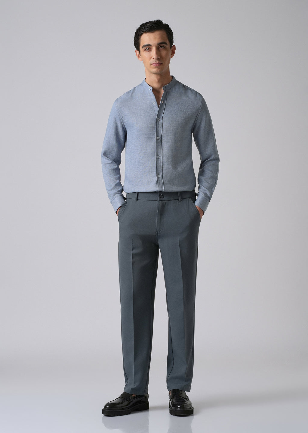 Blue Plain Mandarin Collar Shirt