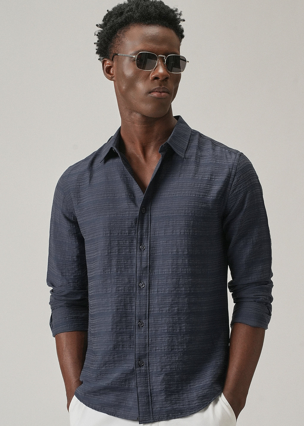 Blue Crushed Self Stripe Shirt