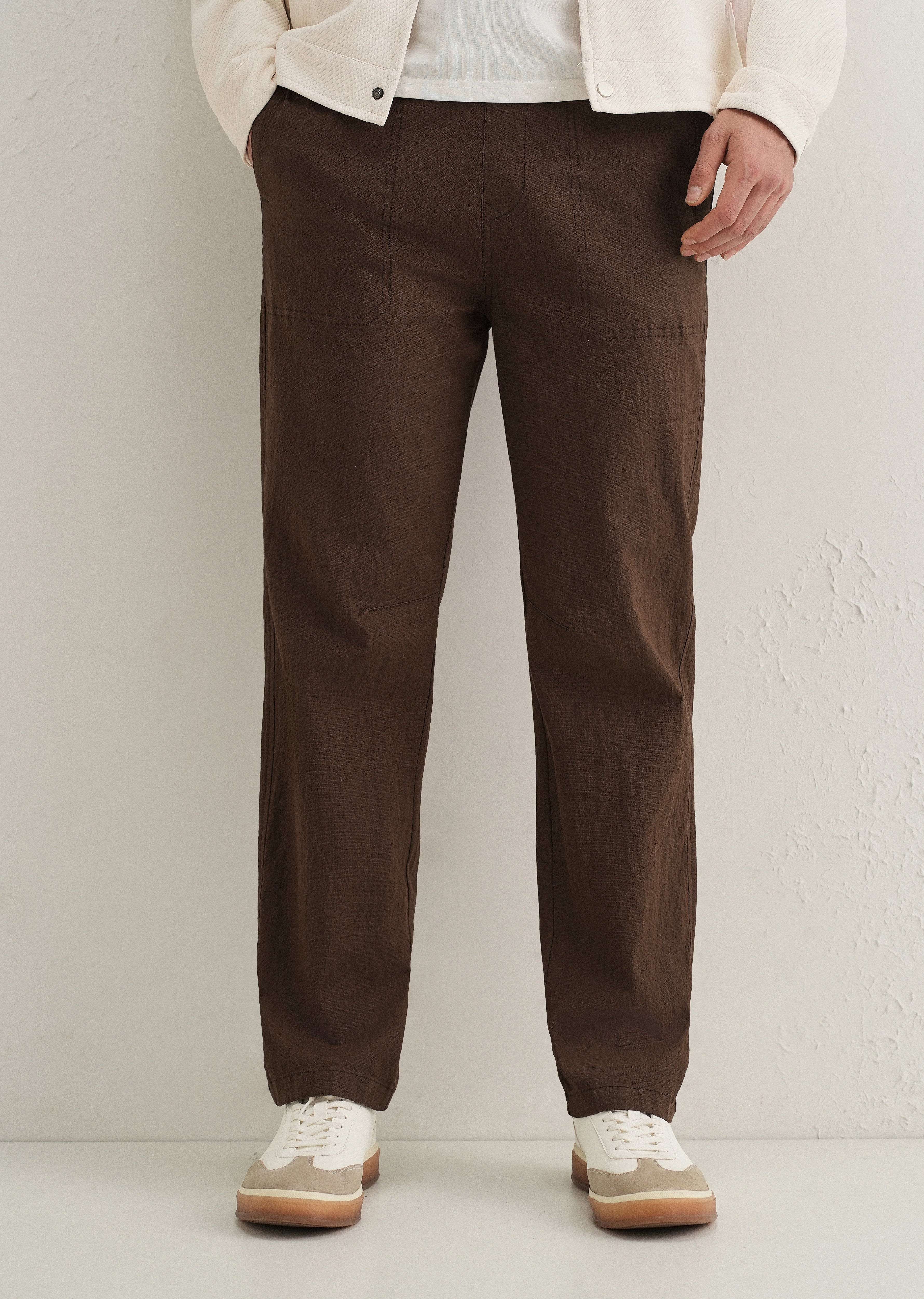 Brown Drawstring Cotton Linen Pant