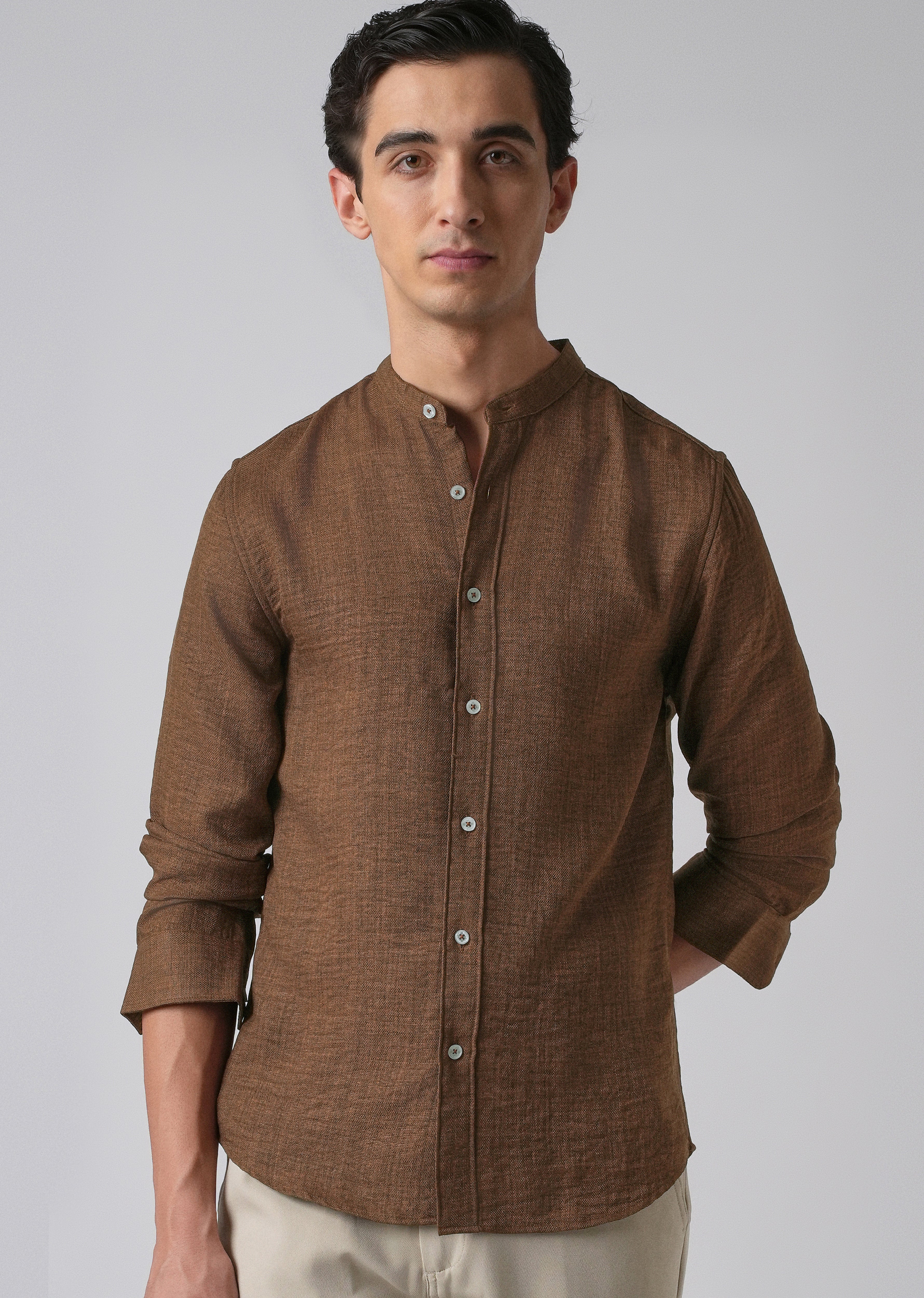 Brown Plain Mandarin Collar Shirt
