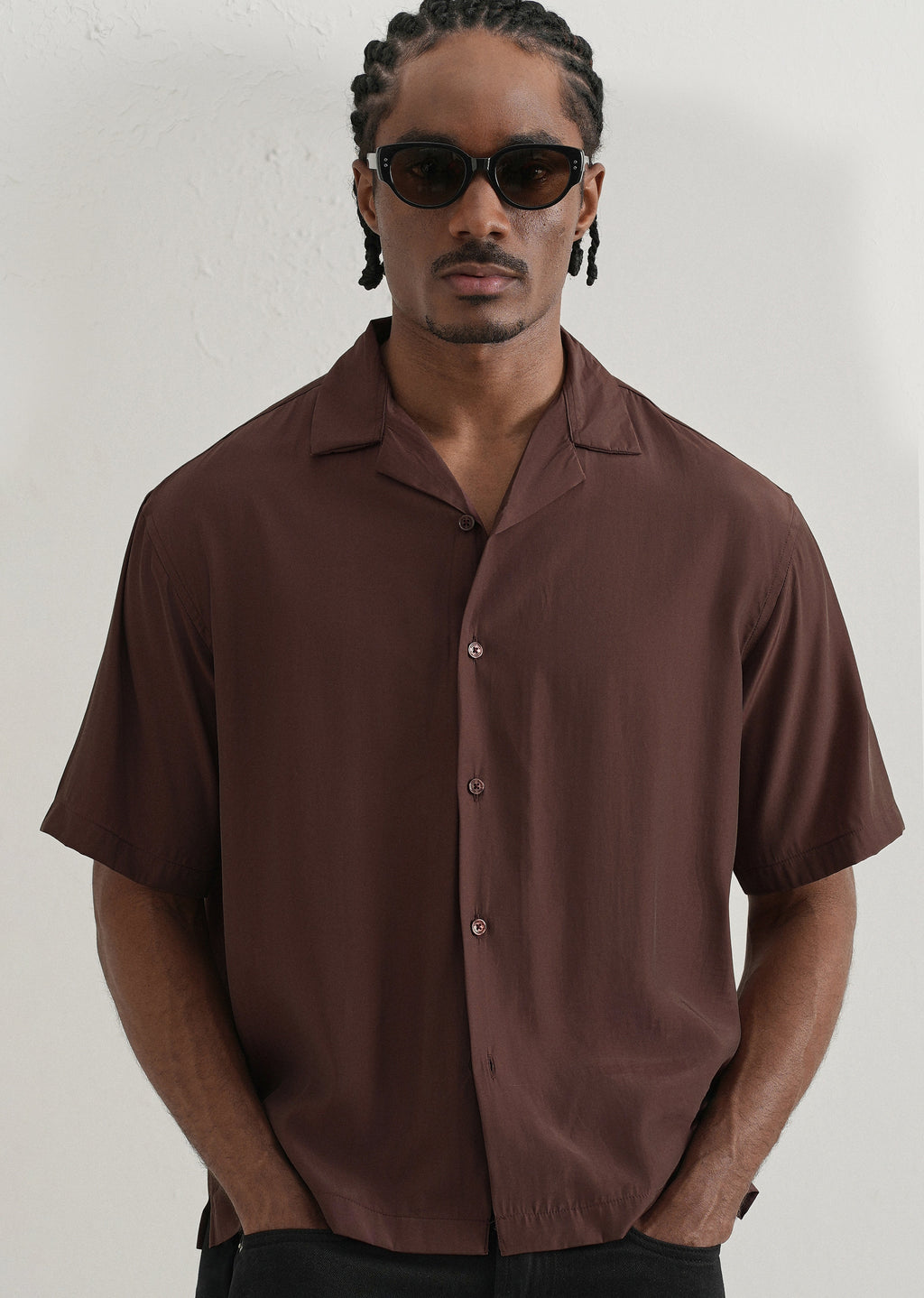 Brown Plain Sheen Cuban Collar Shirt