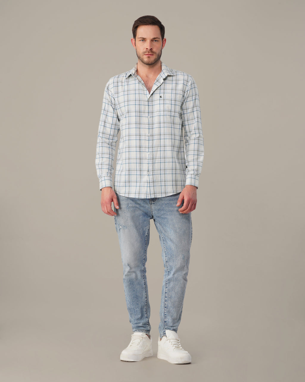 White and Light Blue Plaid 100% Cotton Slub Shirt