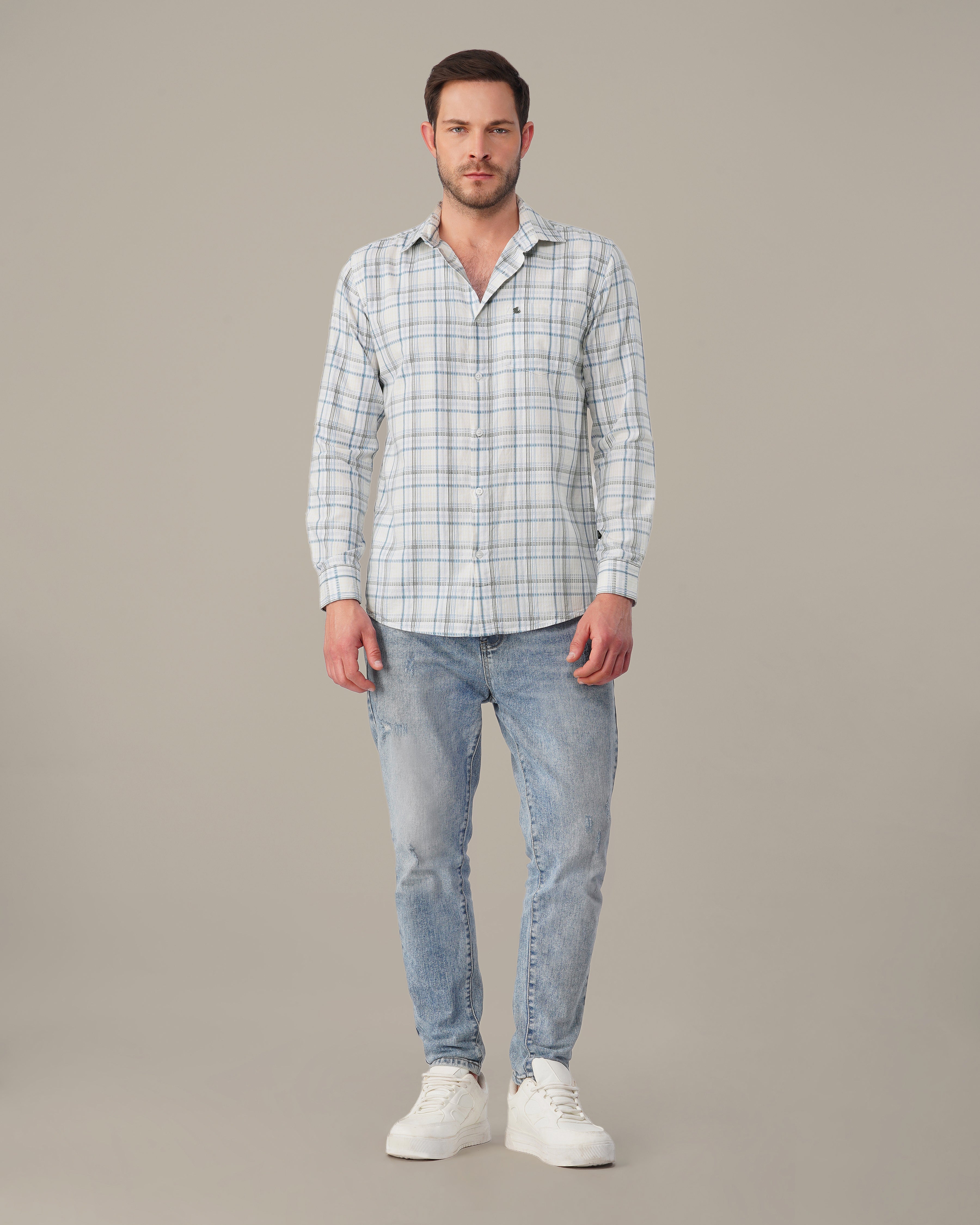 White and Light Blue Plaid 100% Cotton Slub Shirt