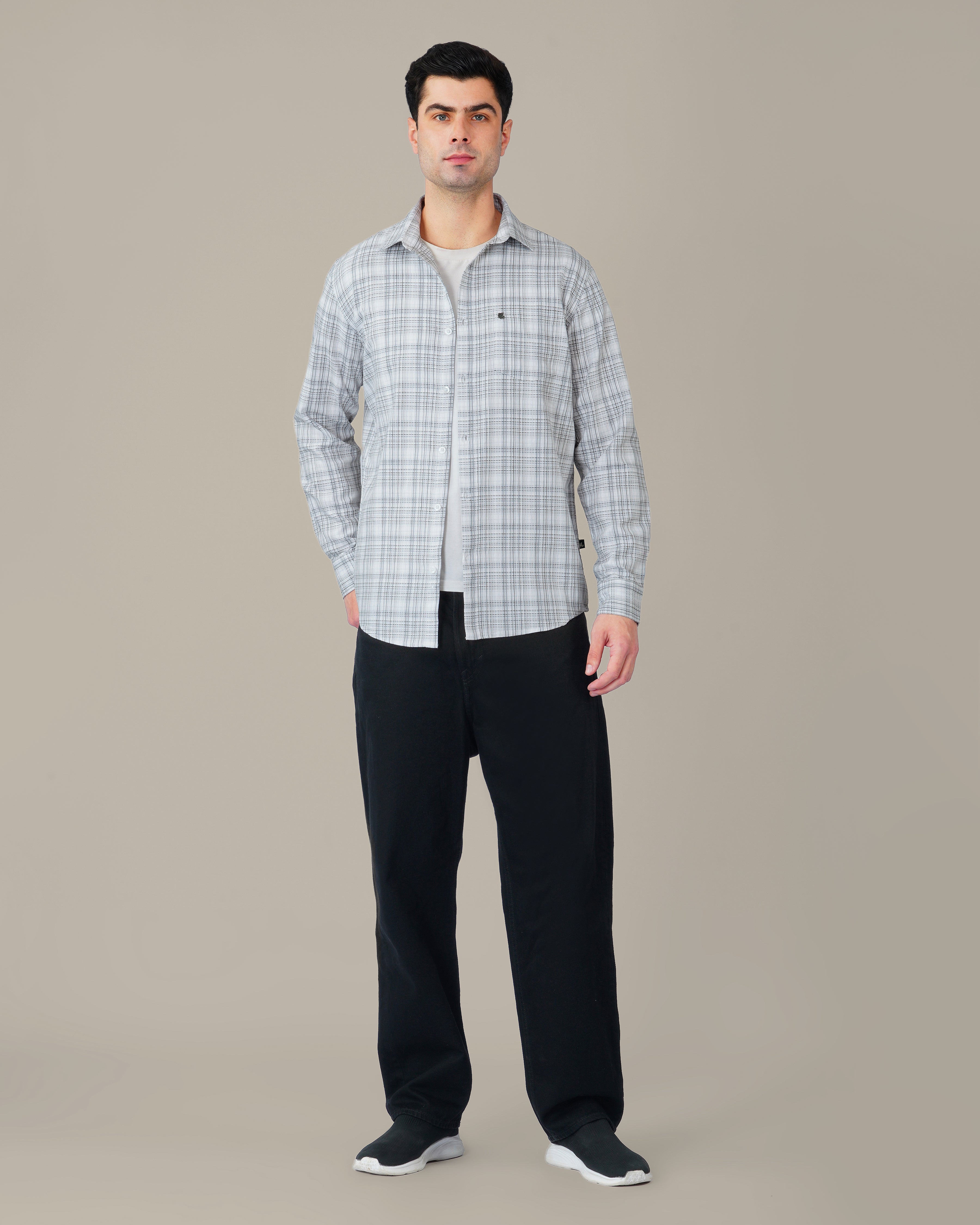 Light Blue Checked 100% Cotton Slub Button-Down Shirt
