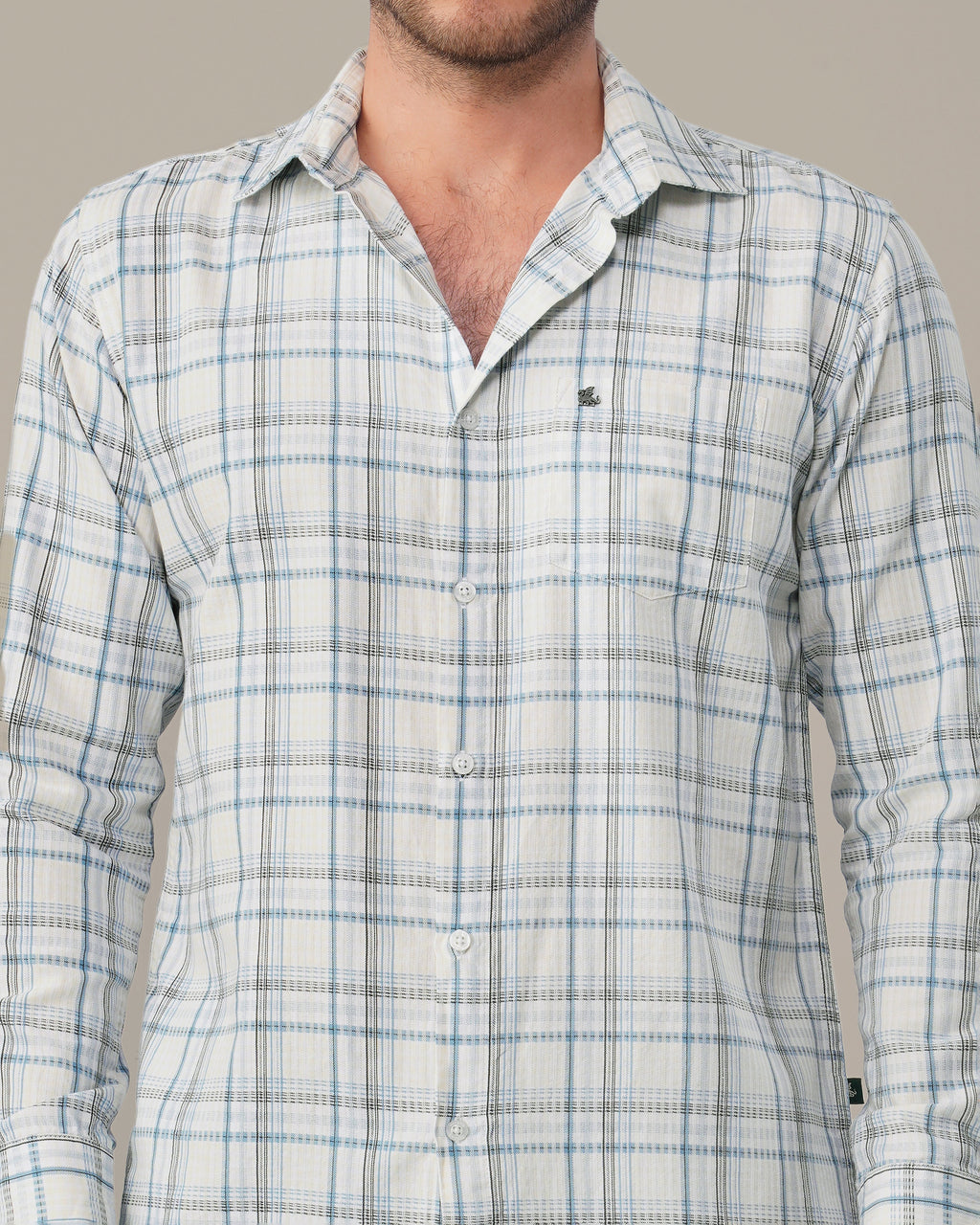 White and Light Blue Plaid 100% Cotton Slub Shirt