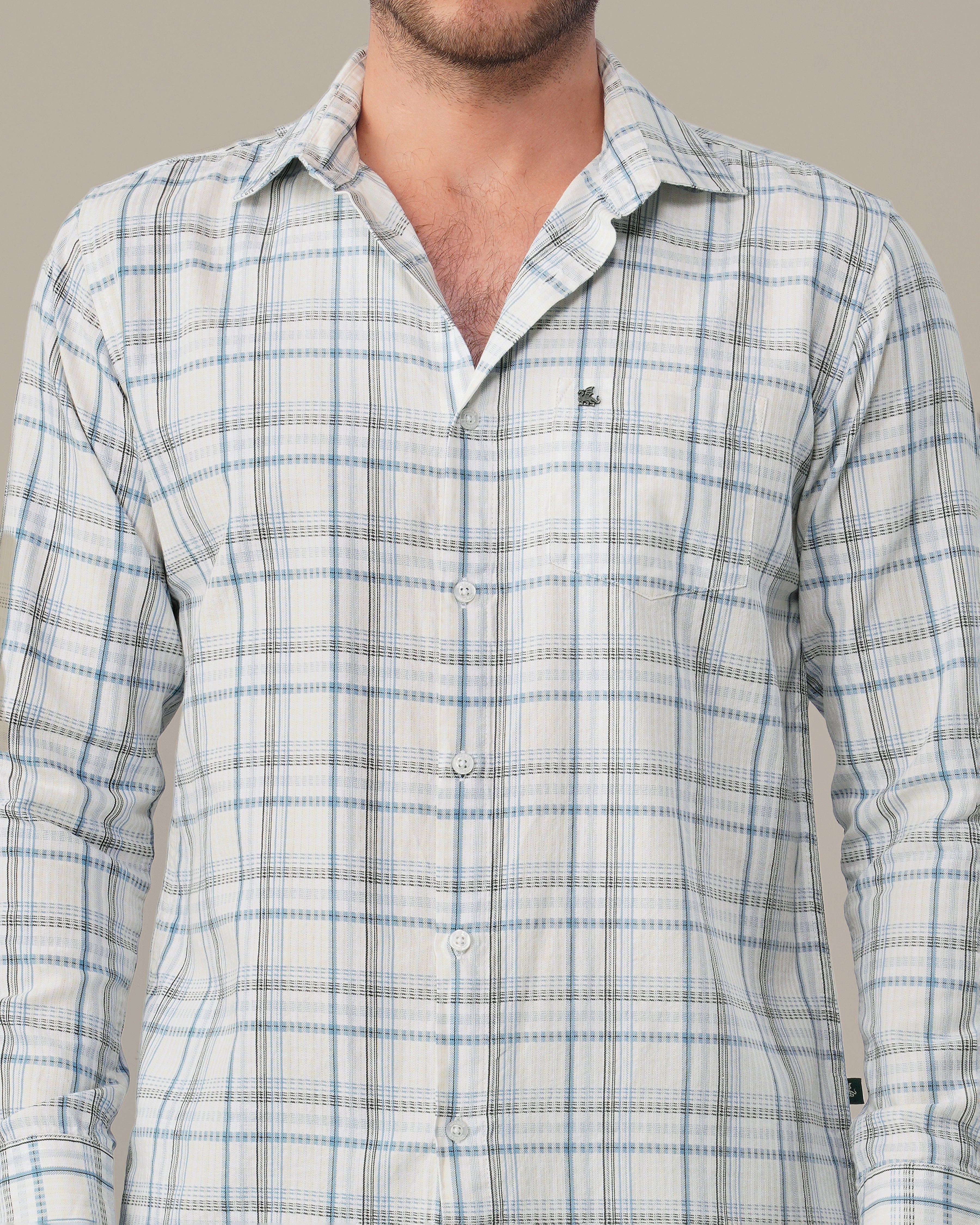 White and Light Blue Plaid 100% Cotton Slub Shirt