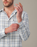 White and Light Blue Plaid 100% Cotton Slub Shirt